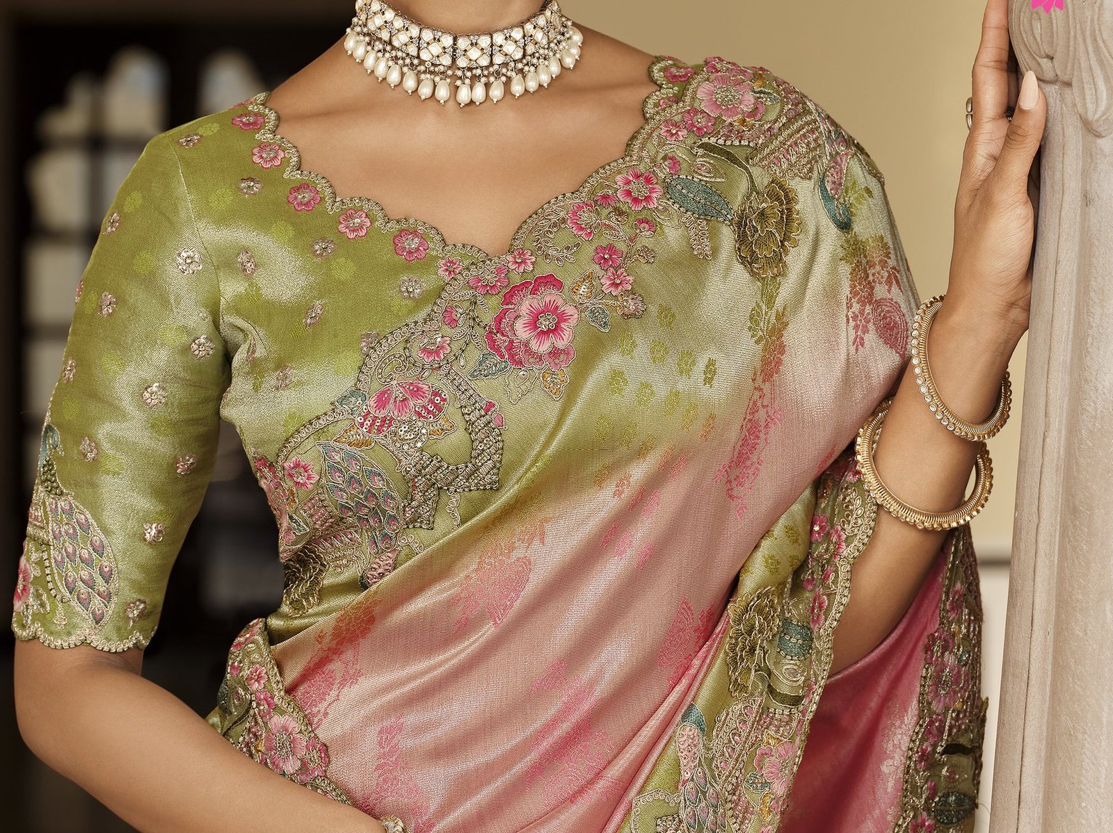 Soft Silk Embroidery & Khatli Work Saree - Image 2