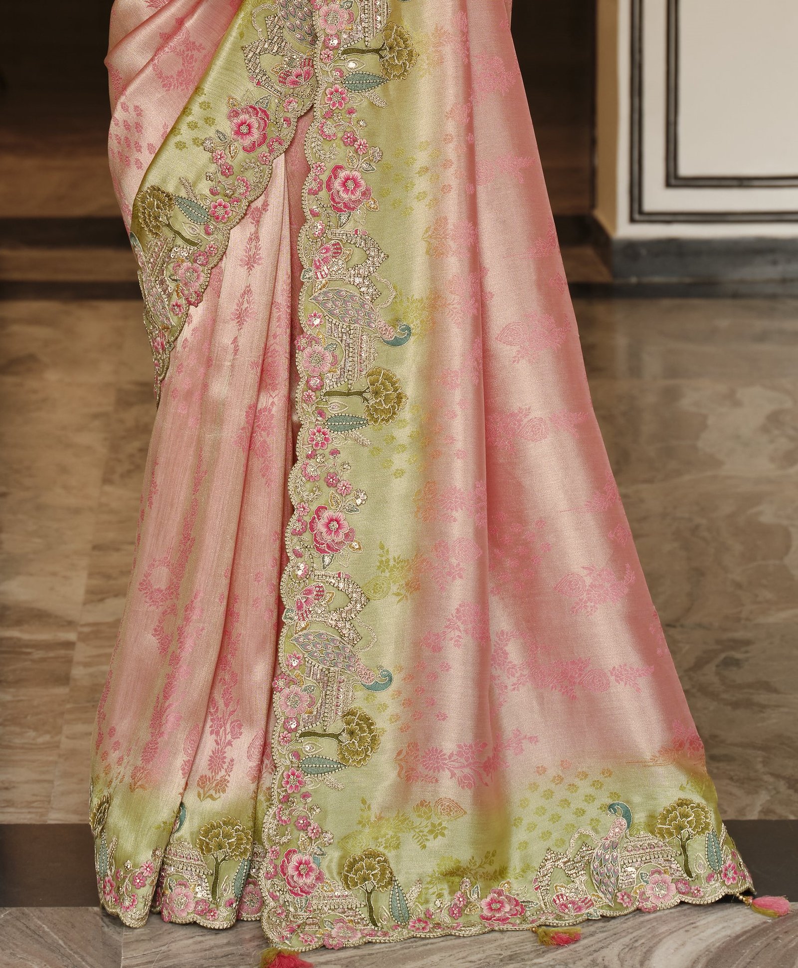 Soft Silk Embroidery & Khatli Work Saree - Image 3