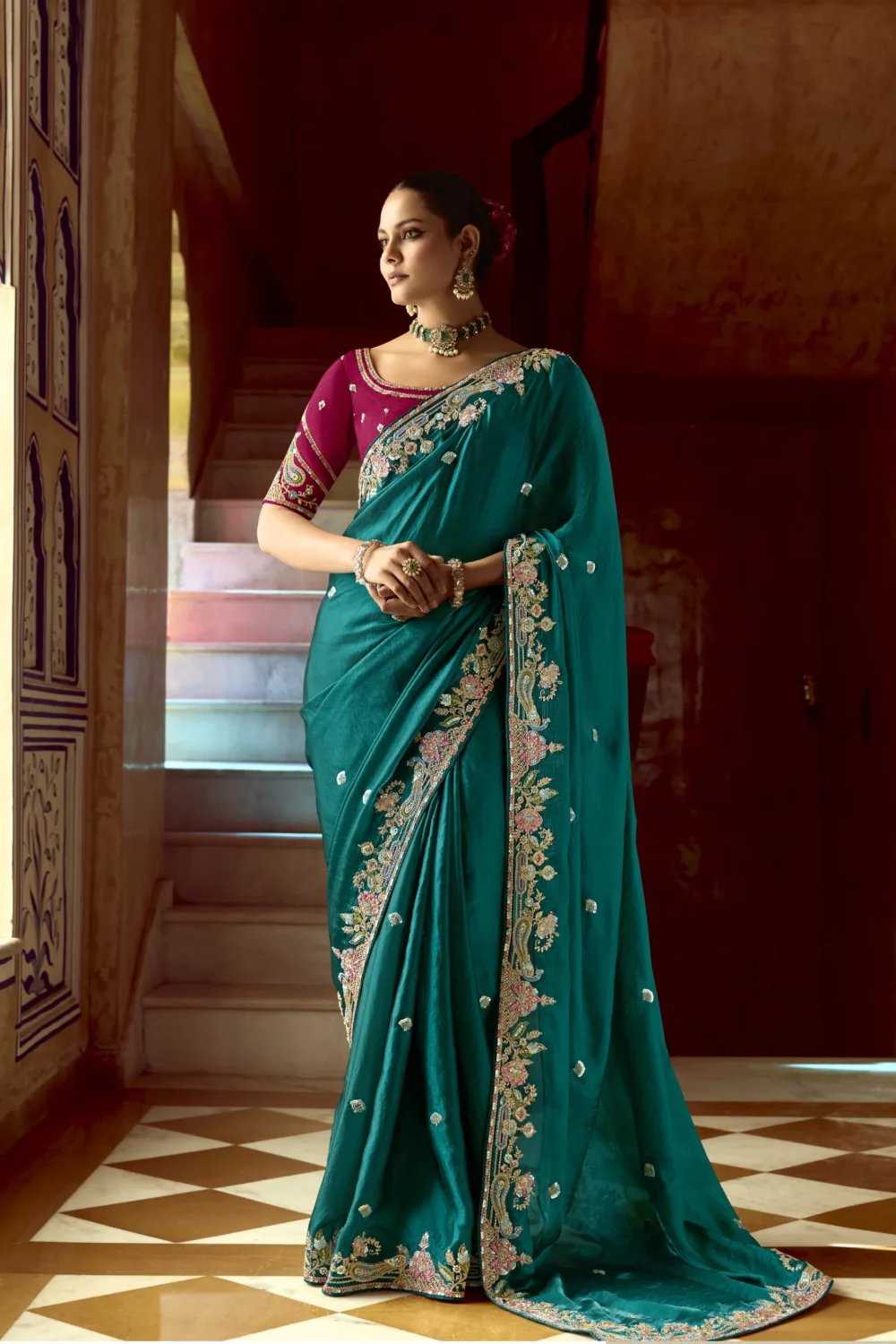Embroidered Work On Teal Green Fancy Saree