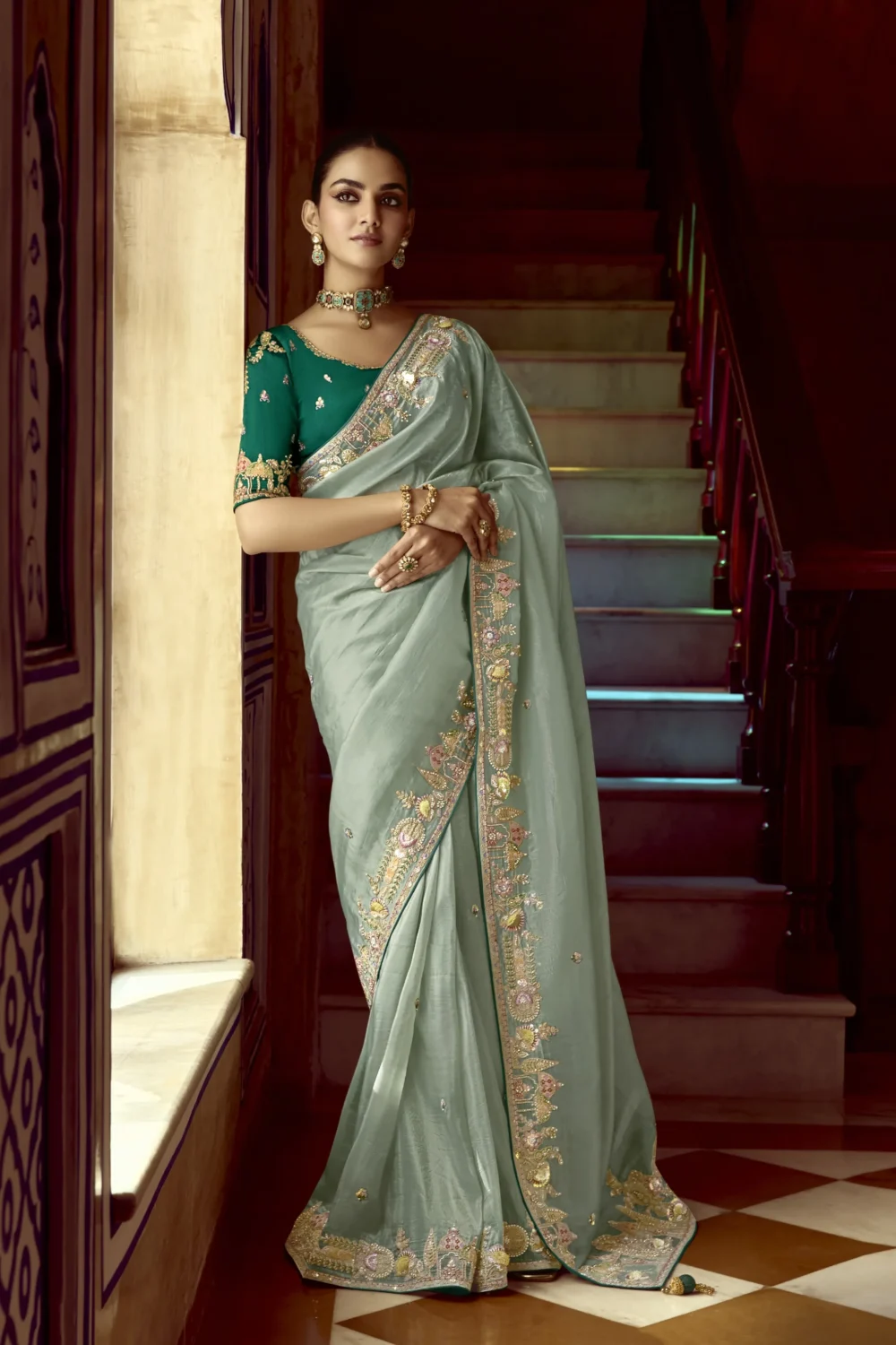 Pastel Green Elegance ,Embroidered Work Butti On Saree