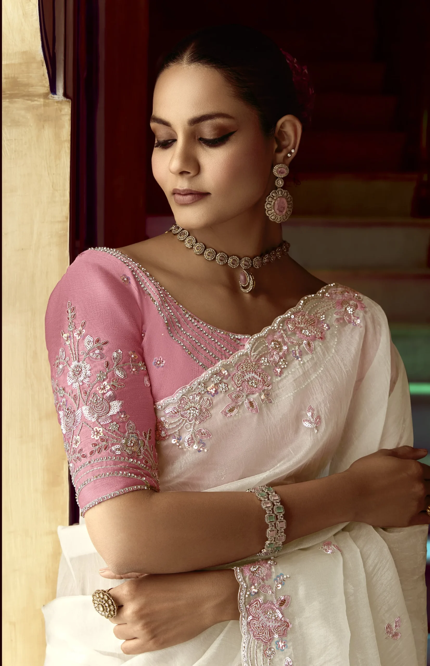 Ivory White with Blush Pink Border Saree - Image 2
