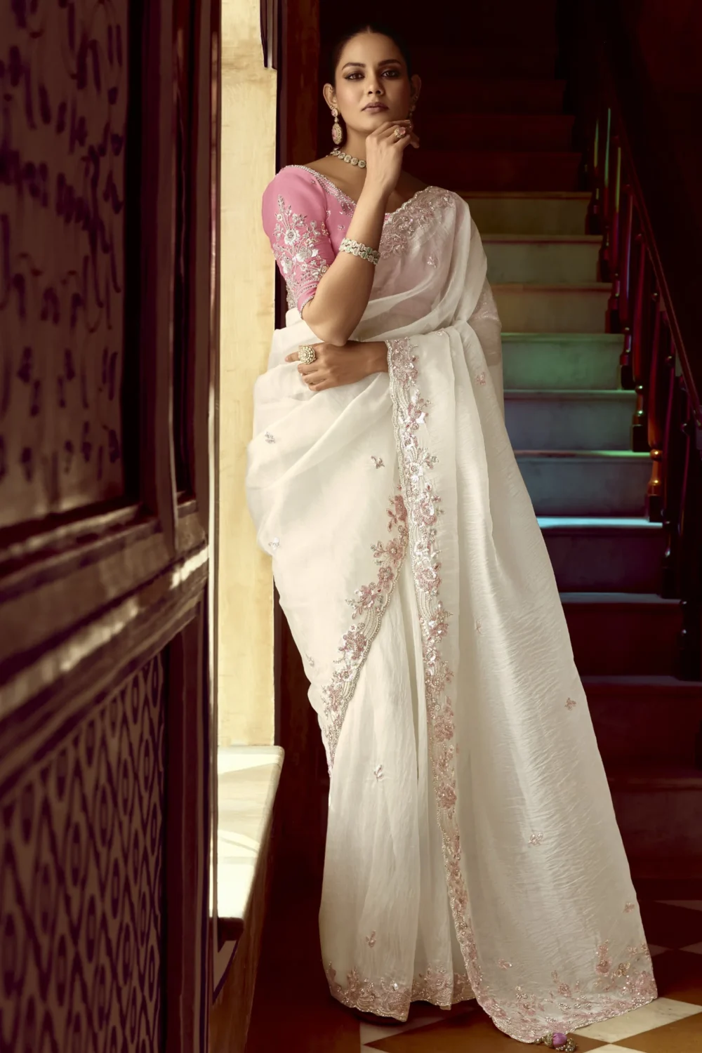 Ivory White with Blush Pink Border Saree