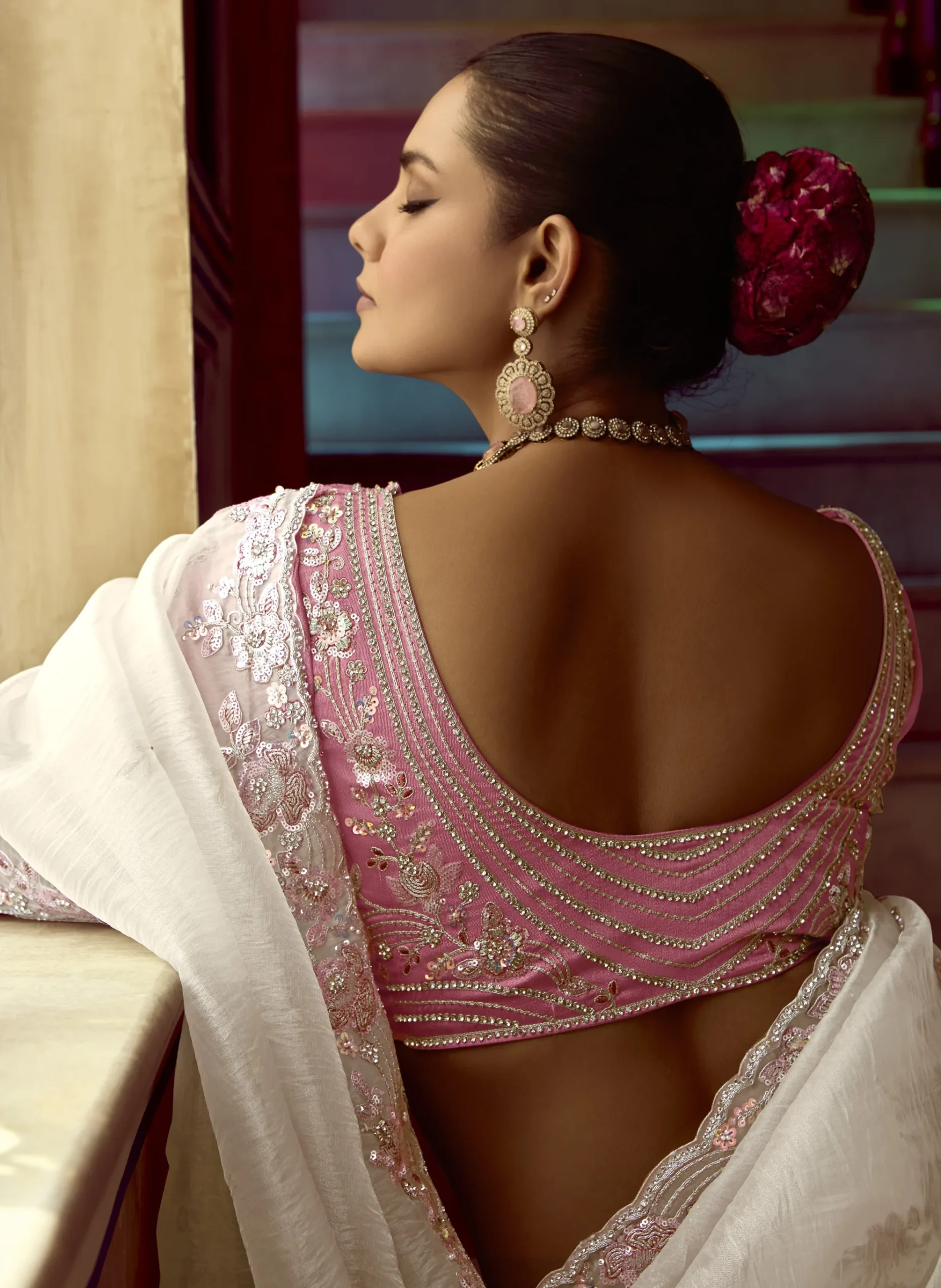 Ivory White with Blush Pink Border Saree - Image 6