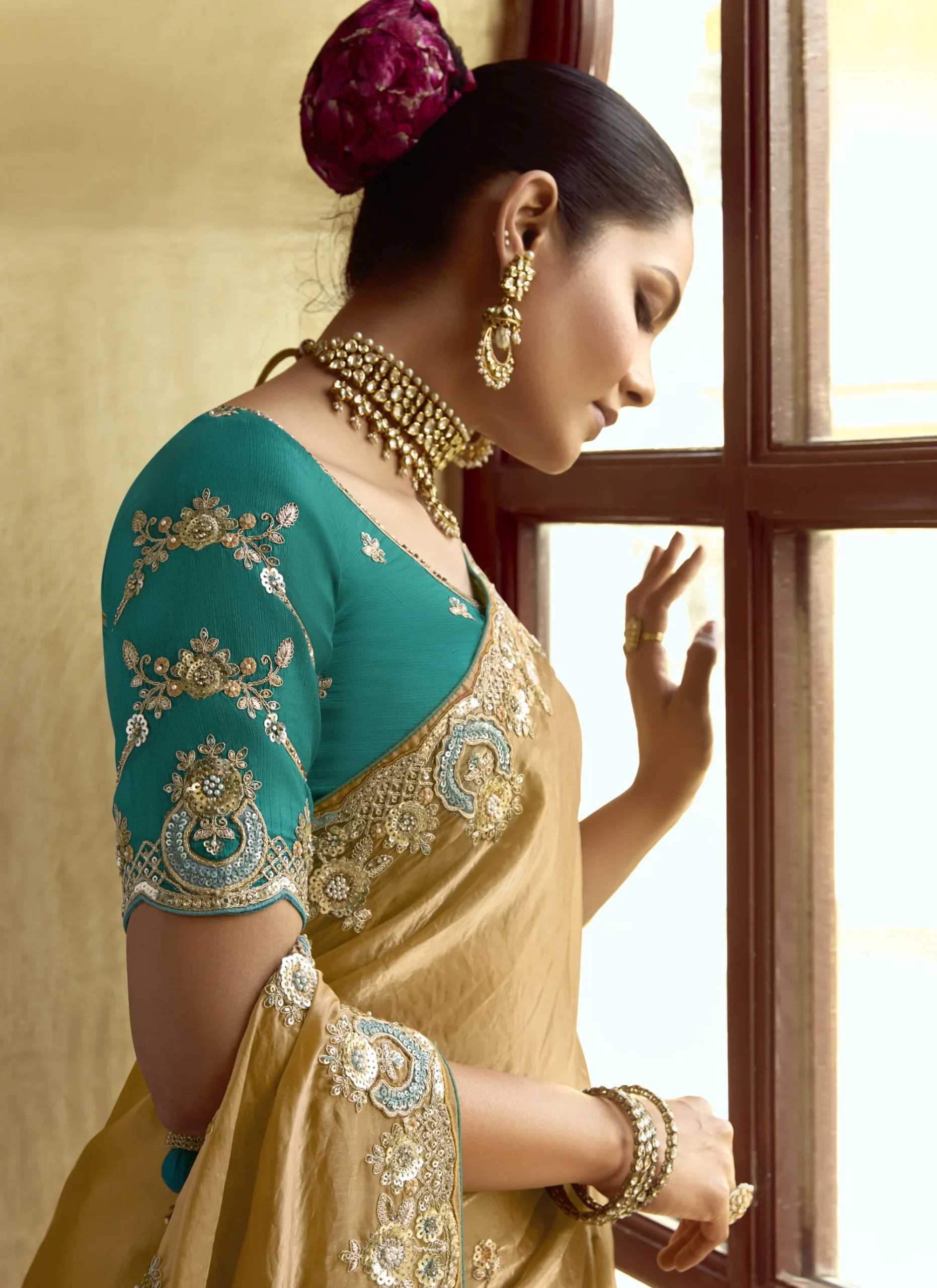Golden Beige Fancy Saree with Rich Embroidered Border - Image 2