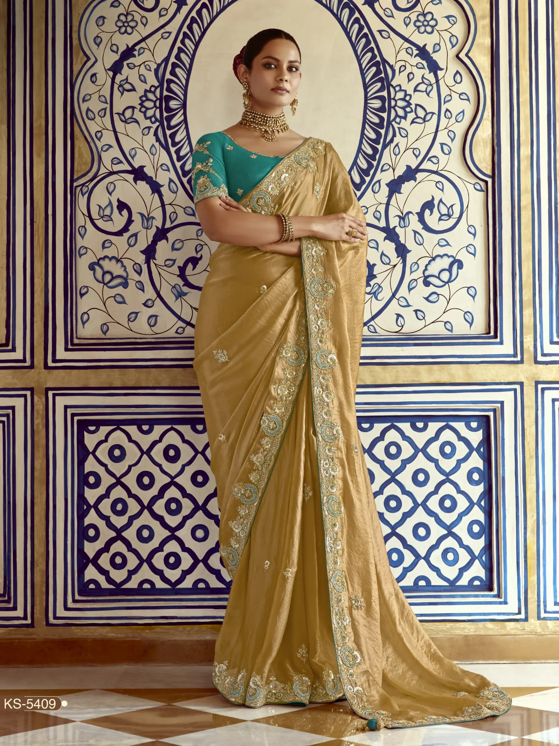 Golden Beige Fancy Saree with Rich Embroidered Border