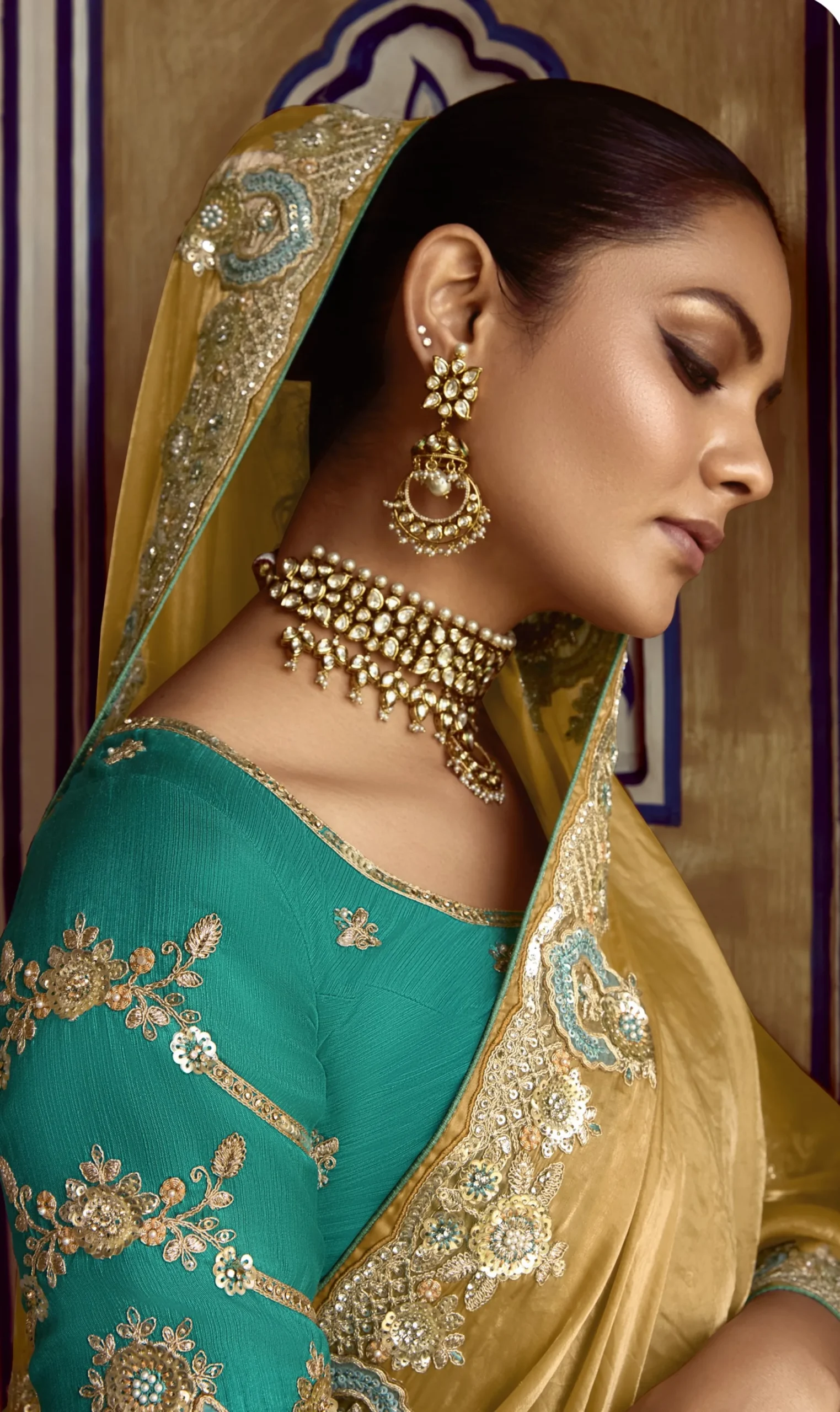 Golden Beige Fancy Saree with Rich Embroidered Border - Image 4