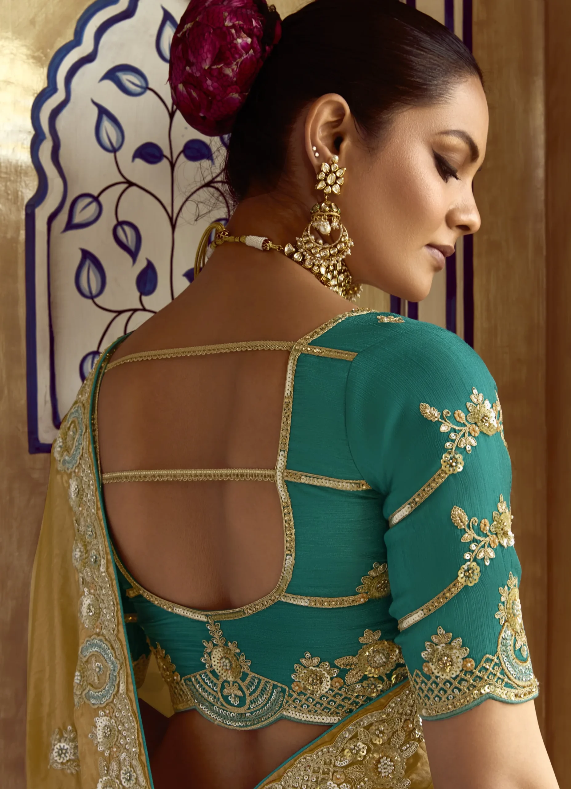 Golden Beige Fancy Saree with Rich Embroidered Border - Image 5