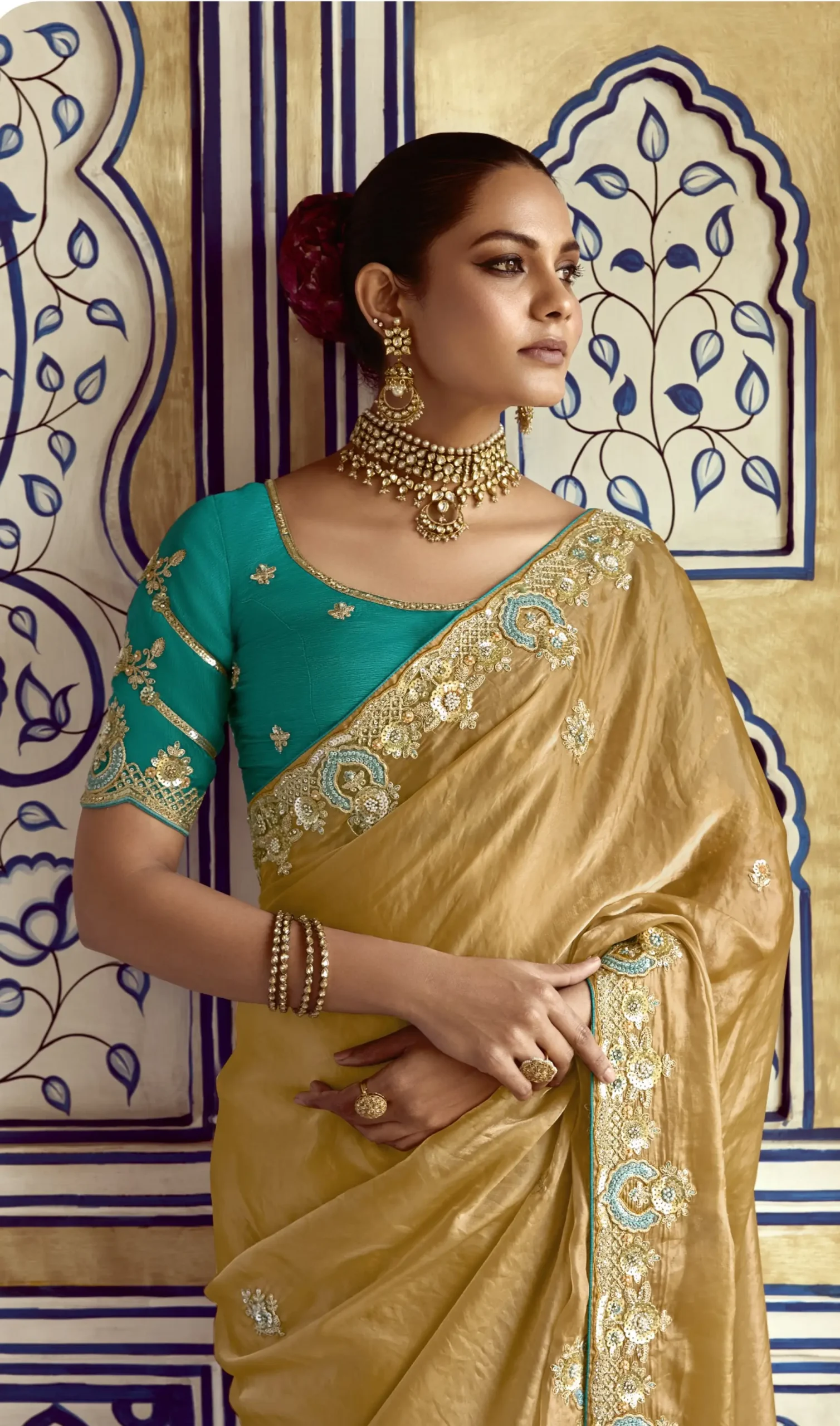 Golden Beige Fancy Saree with Rich Embroidered Border - Image 3