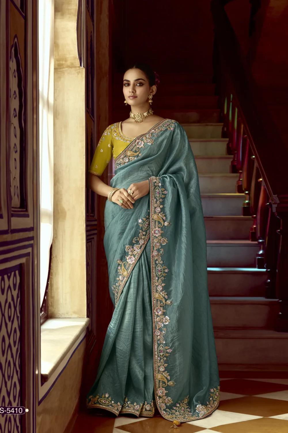 Embroidered Work On Blue Fancy Saree