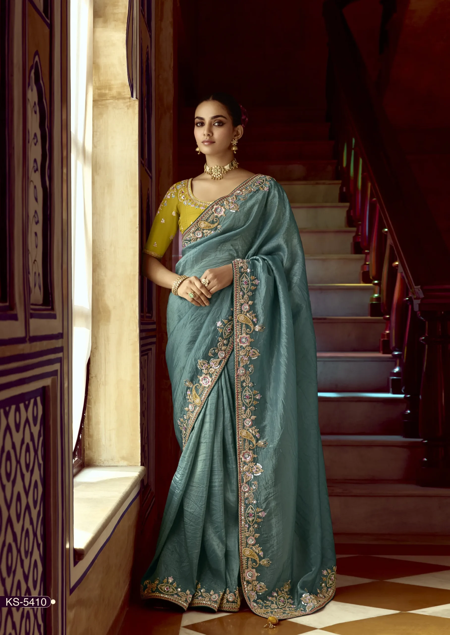 Embroidered Work On Blue Fancy Saree