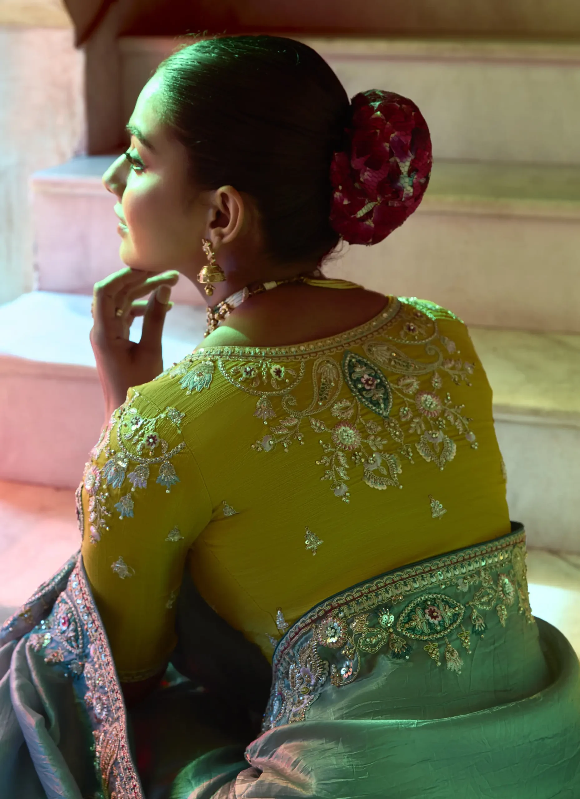 Embroidered Work On Blue Fancy Saree - Image 3