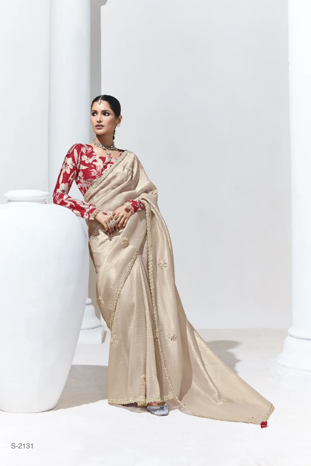 Glass Tissue Embroidered Saree – Ivory Glow