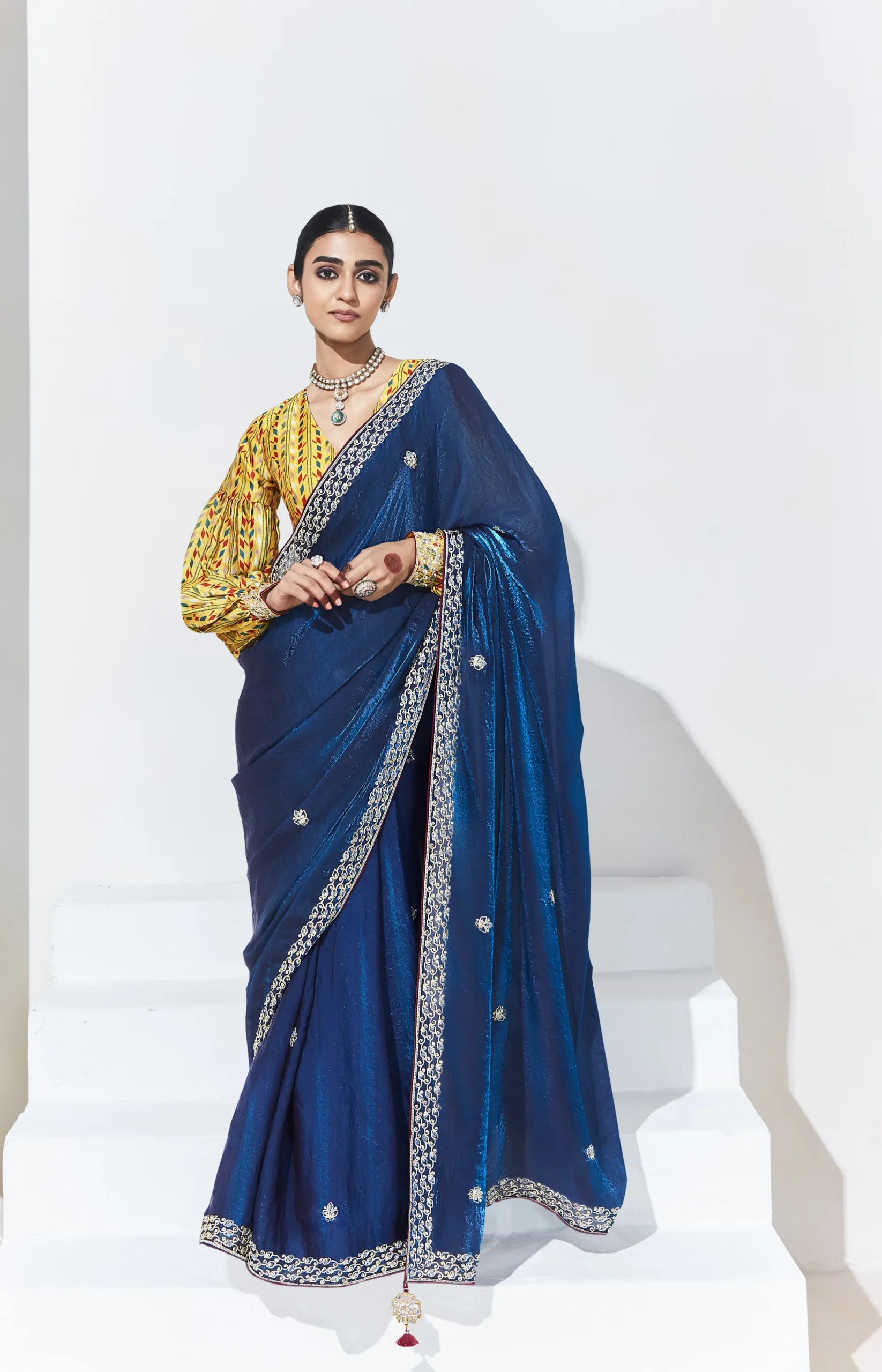 Glass Tissue Embroidered Saree – Royal Blue Charm