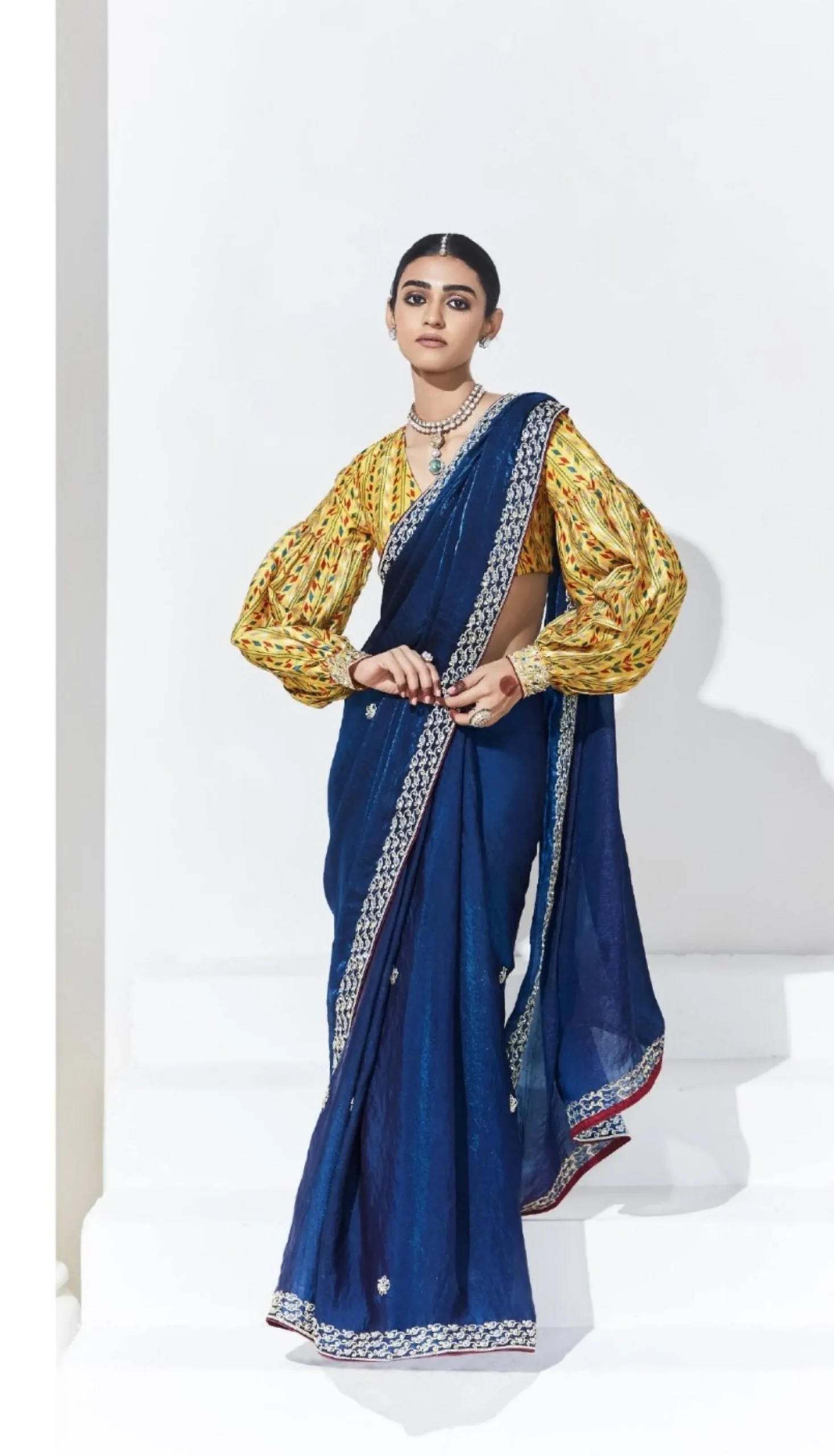 Glass Tissue Embroidered Saree – Royal Blue Charm - Image 4