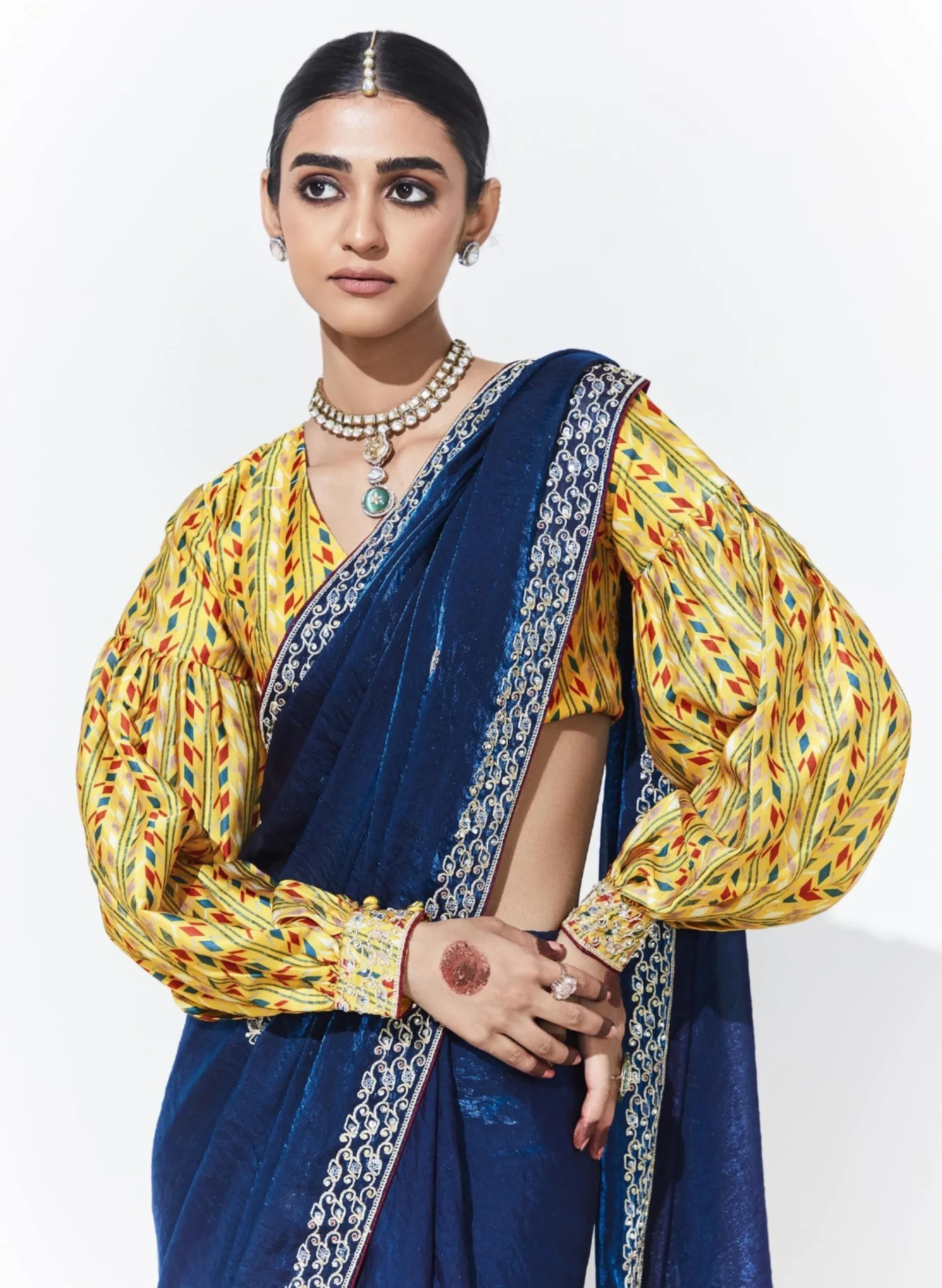 Glass Tissue Embroidered Saree – Royal Blue Charm - Image 3