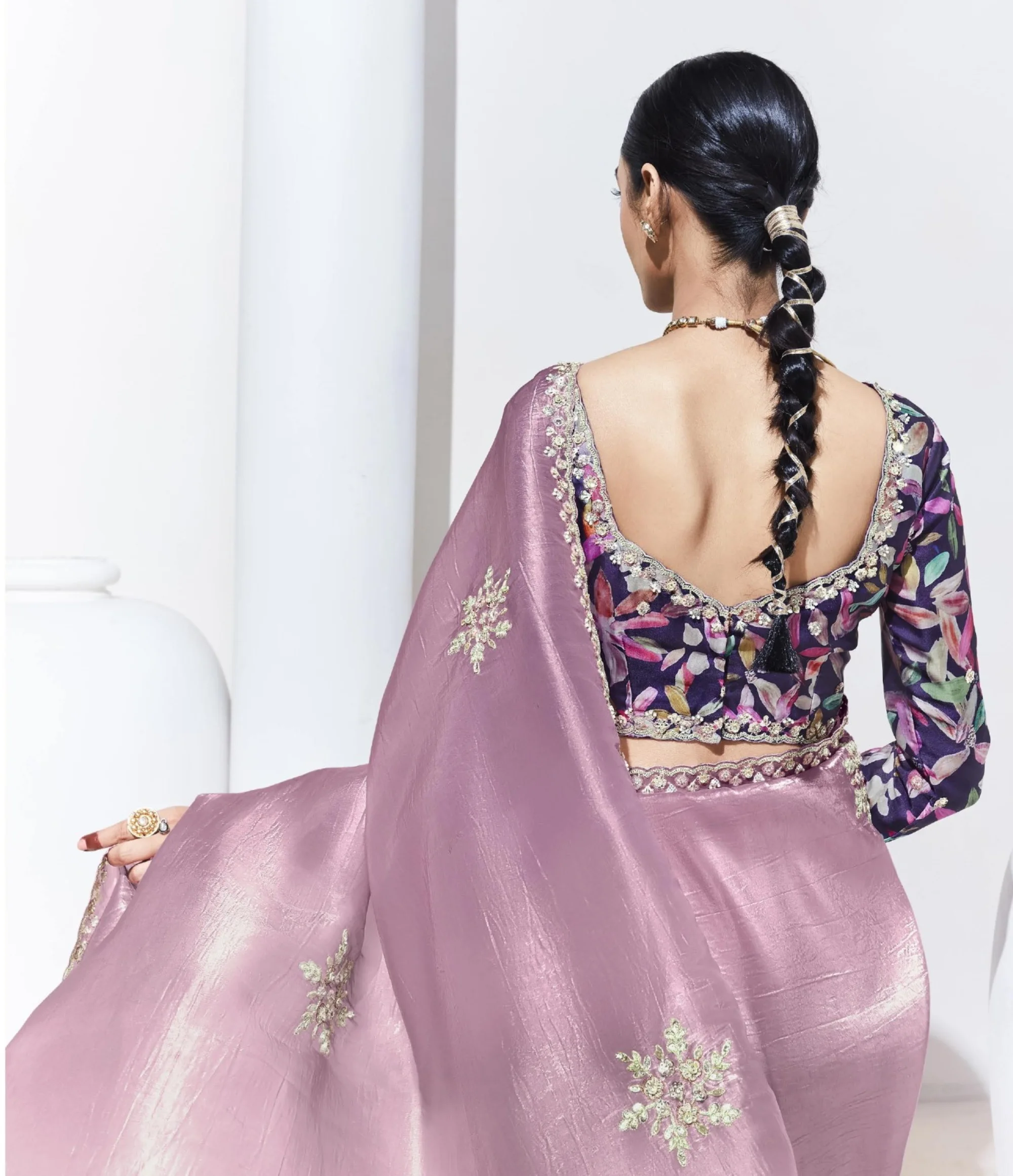 Glass Tissue Embroidered Saree – Soft Blush Elegance - Image 3