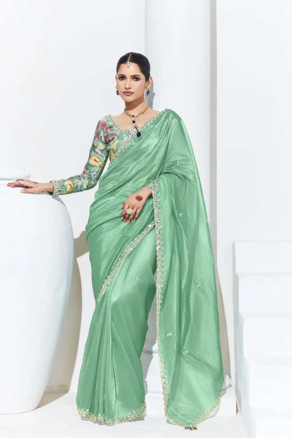 Glass Tissue Embroidered Saree – Pastel Grace