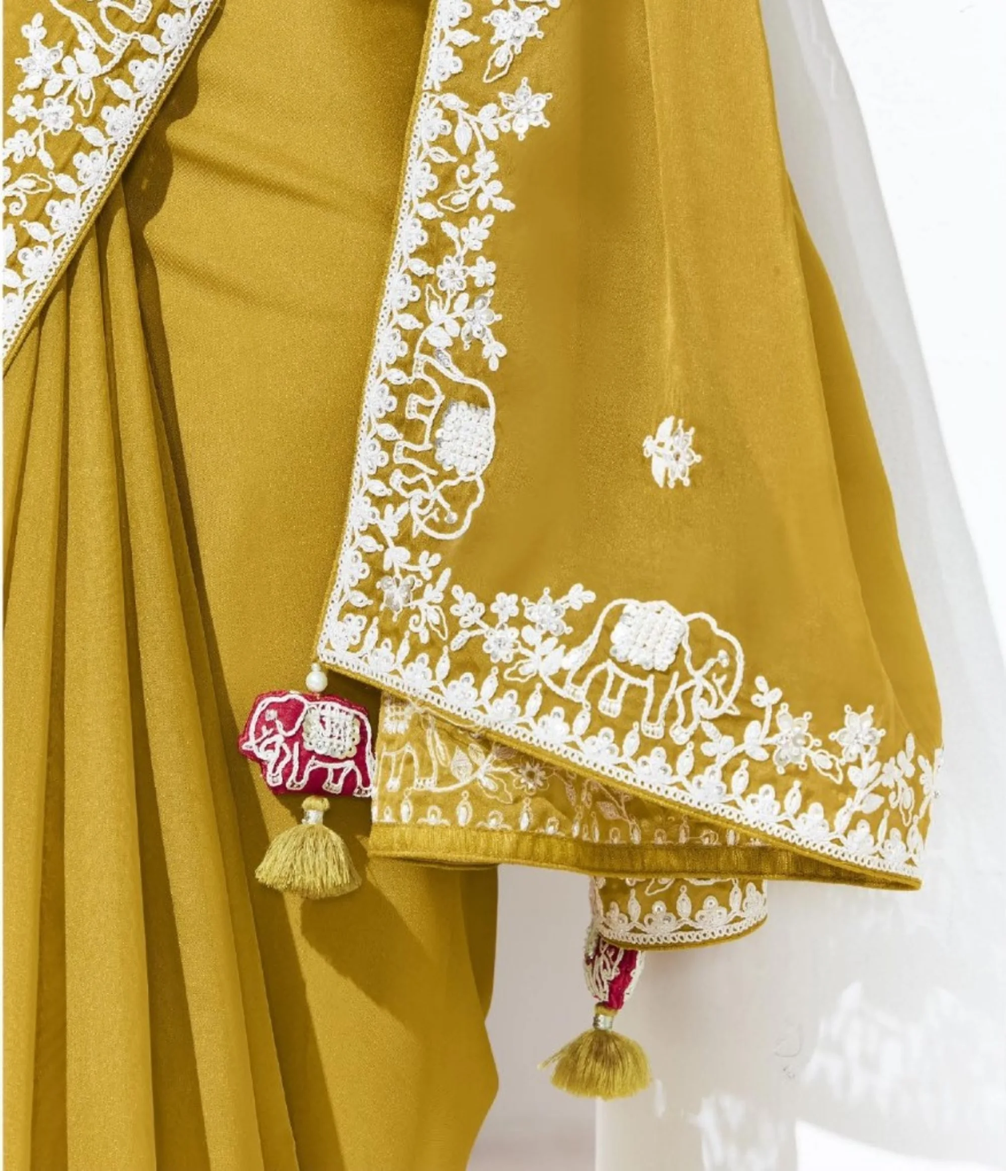 Glass Tissue Embroidered Saree – Golden Mustard Glow - Image 2