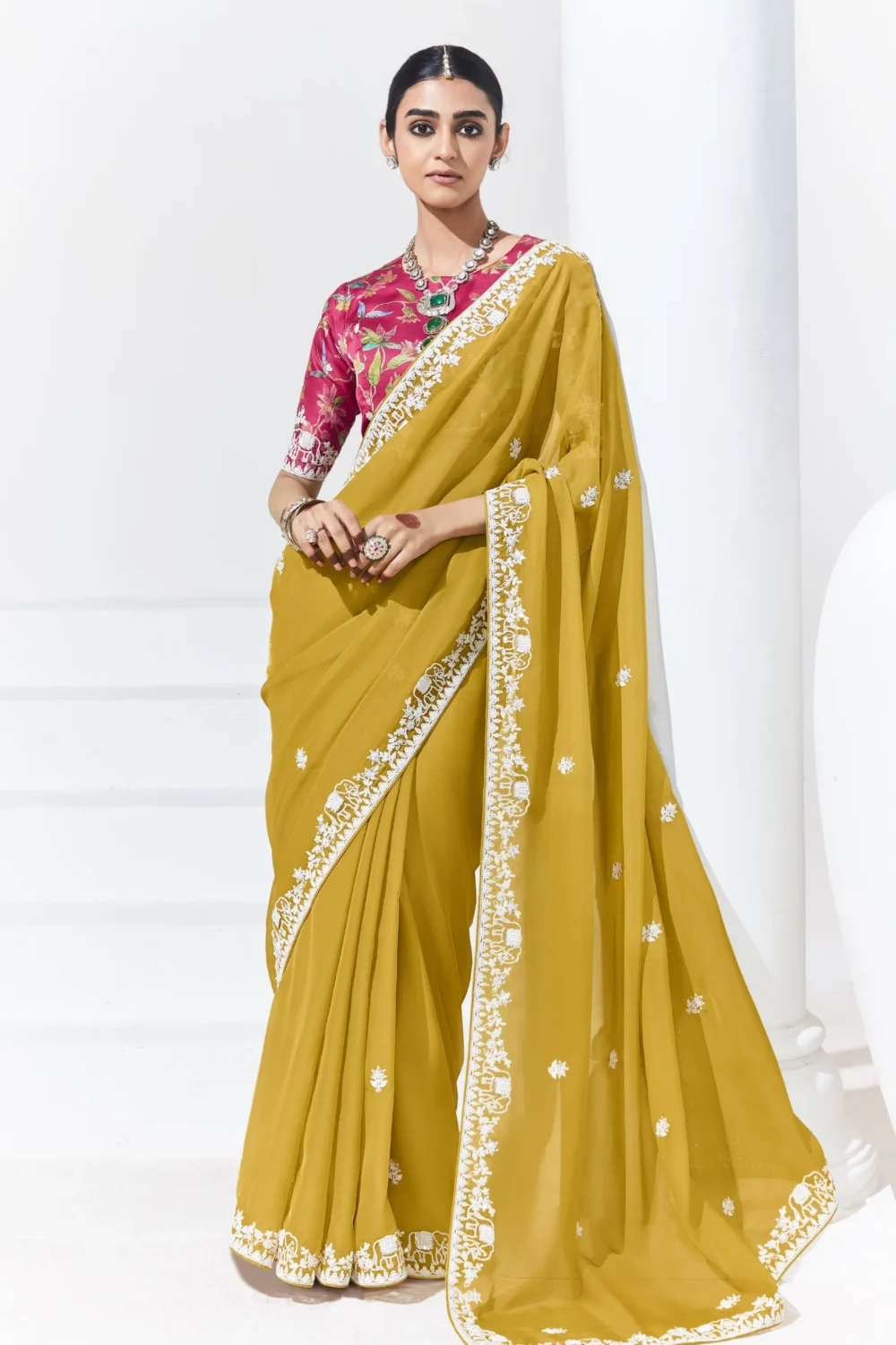 Glass Tissue Embroidered Saree – Golden Mustard Glow