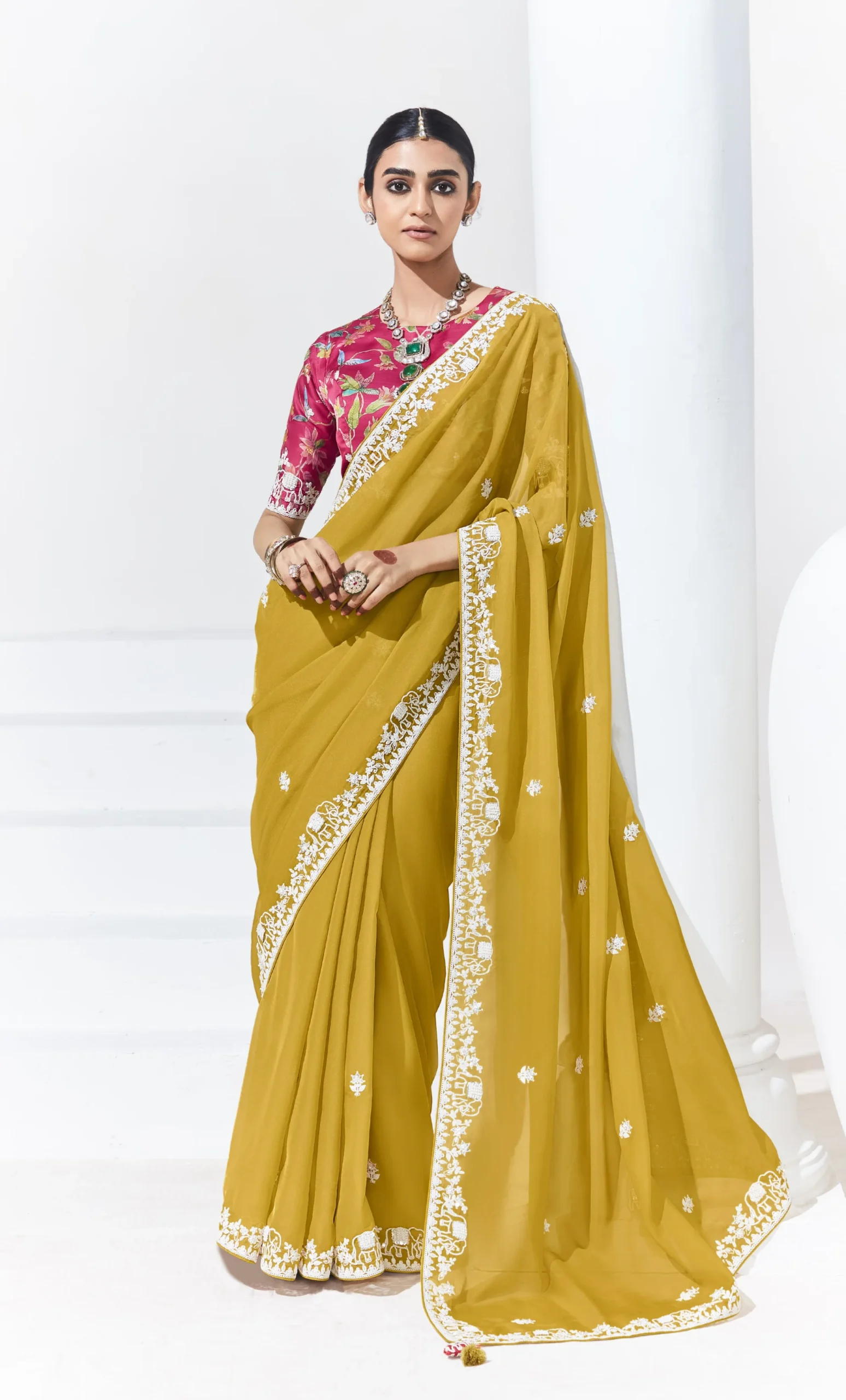 Glass Tissue Embroidered Saree – Golden Mustard Glow