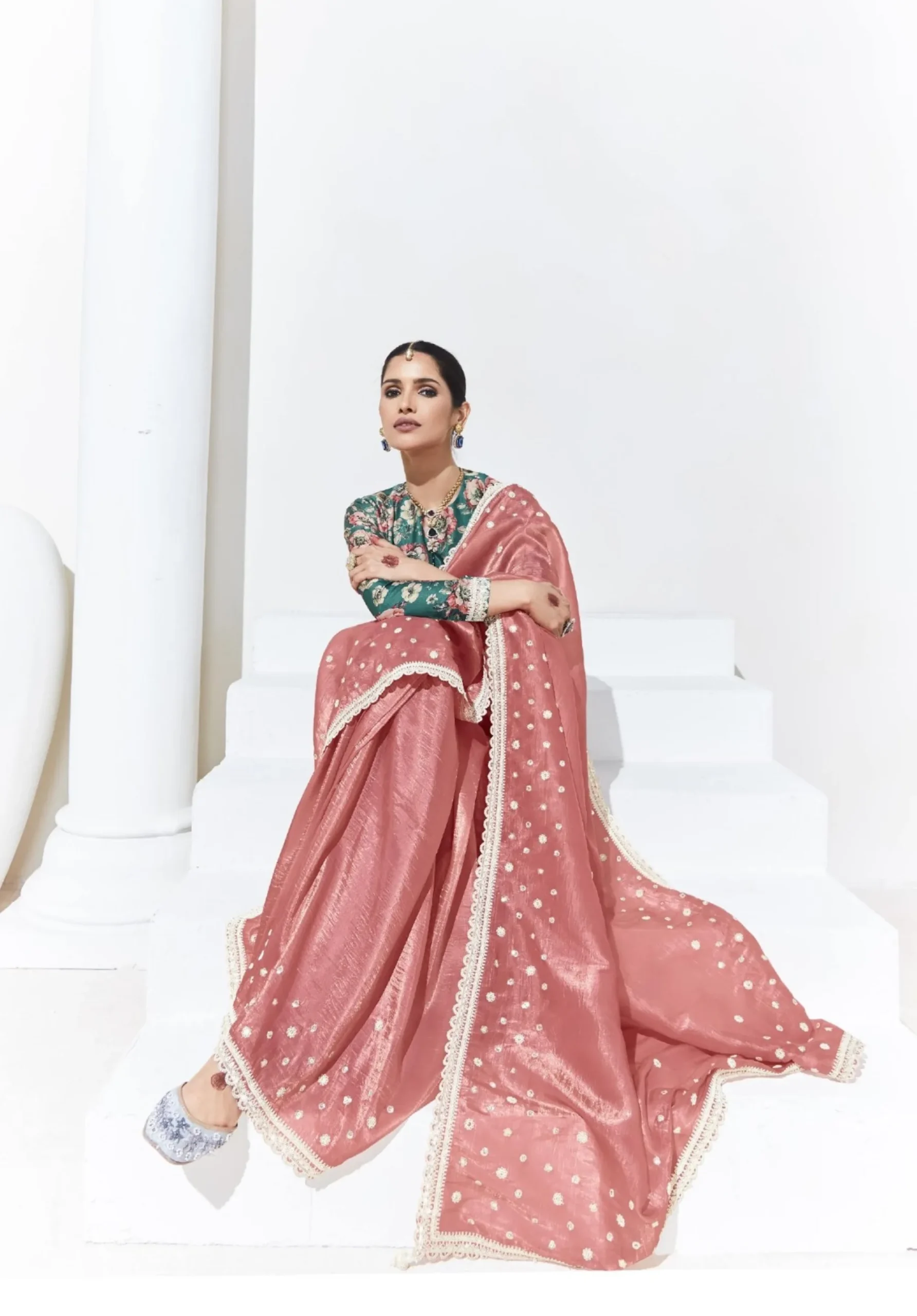 Glass Tissue Embroidered Saree – Rosewood Elegance - Image 4