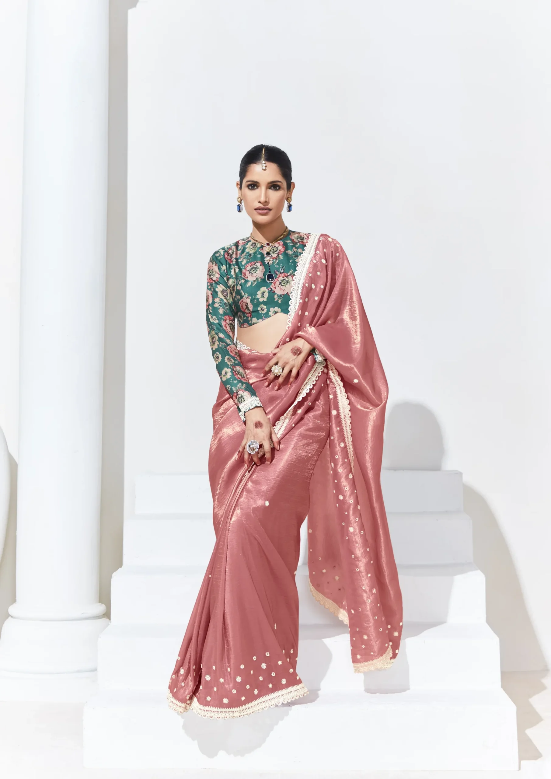 Glass Tissue Embroidered Saree – Rosewood Elegance
