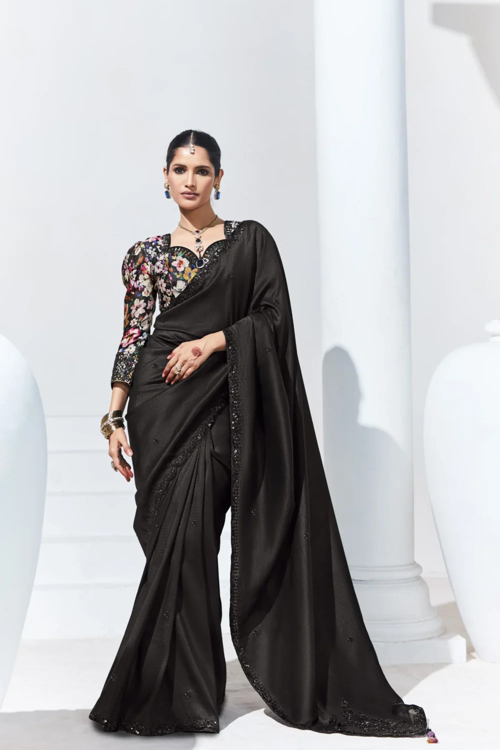 Glass Tissue Embroidered Saree – Classic Black Grace