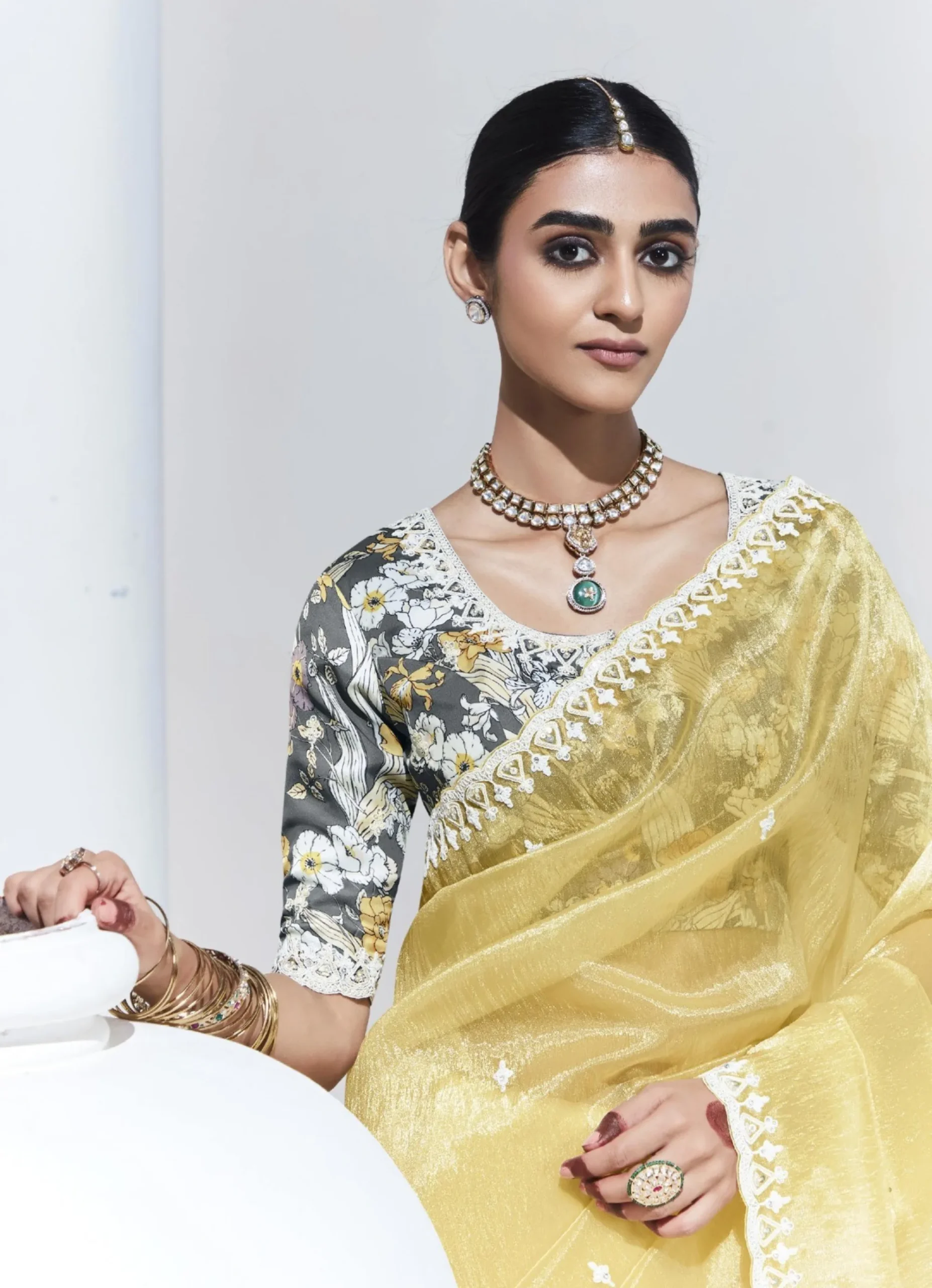 Glass Tissue Embroidered Saree – Sunshine Elegance - Image 4