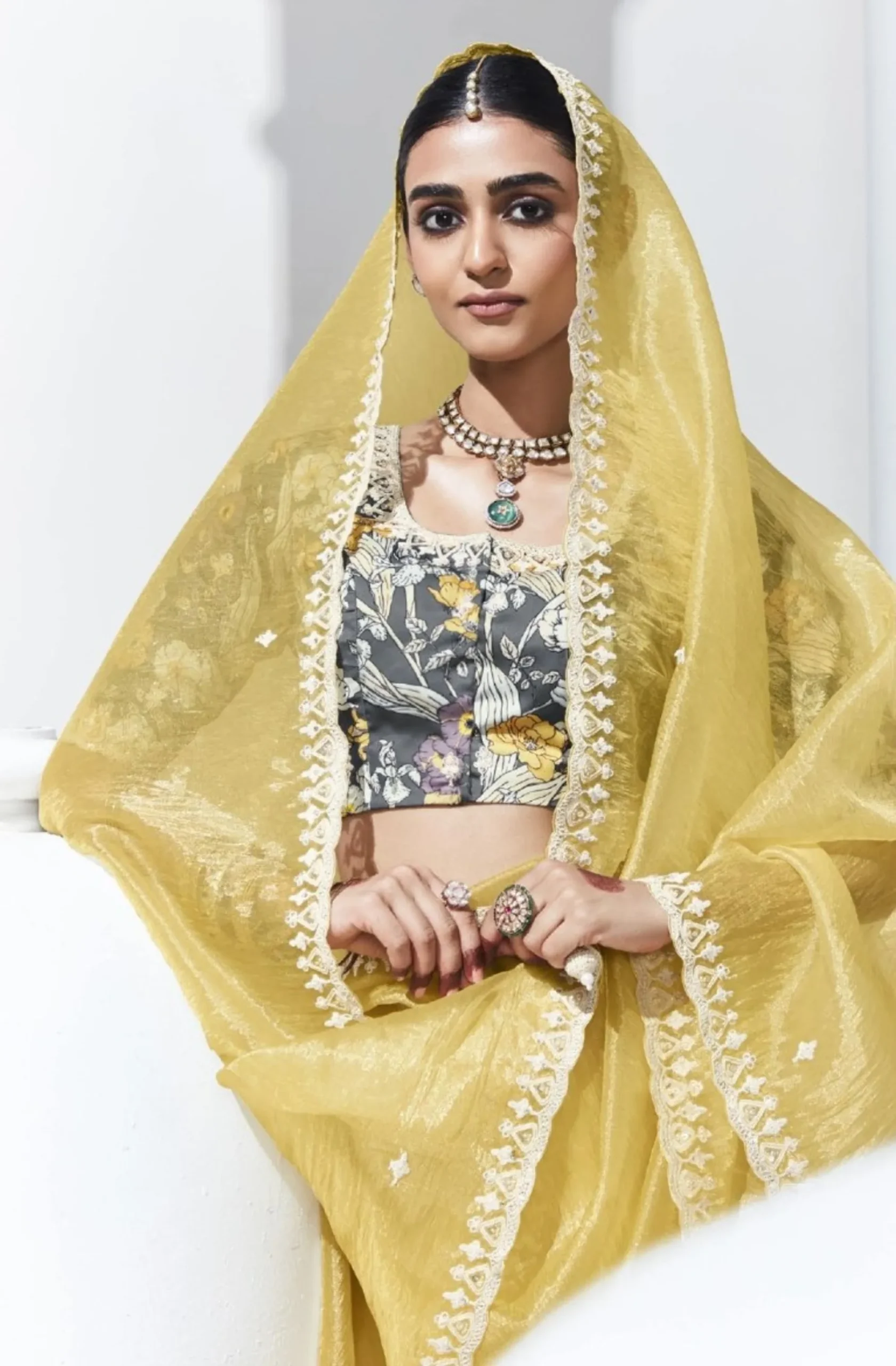 Glass Tissue Embroidered Saree – Sunshine Elegance - Image 3