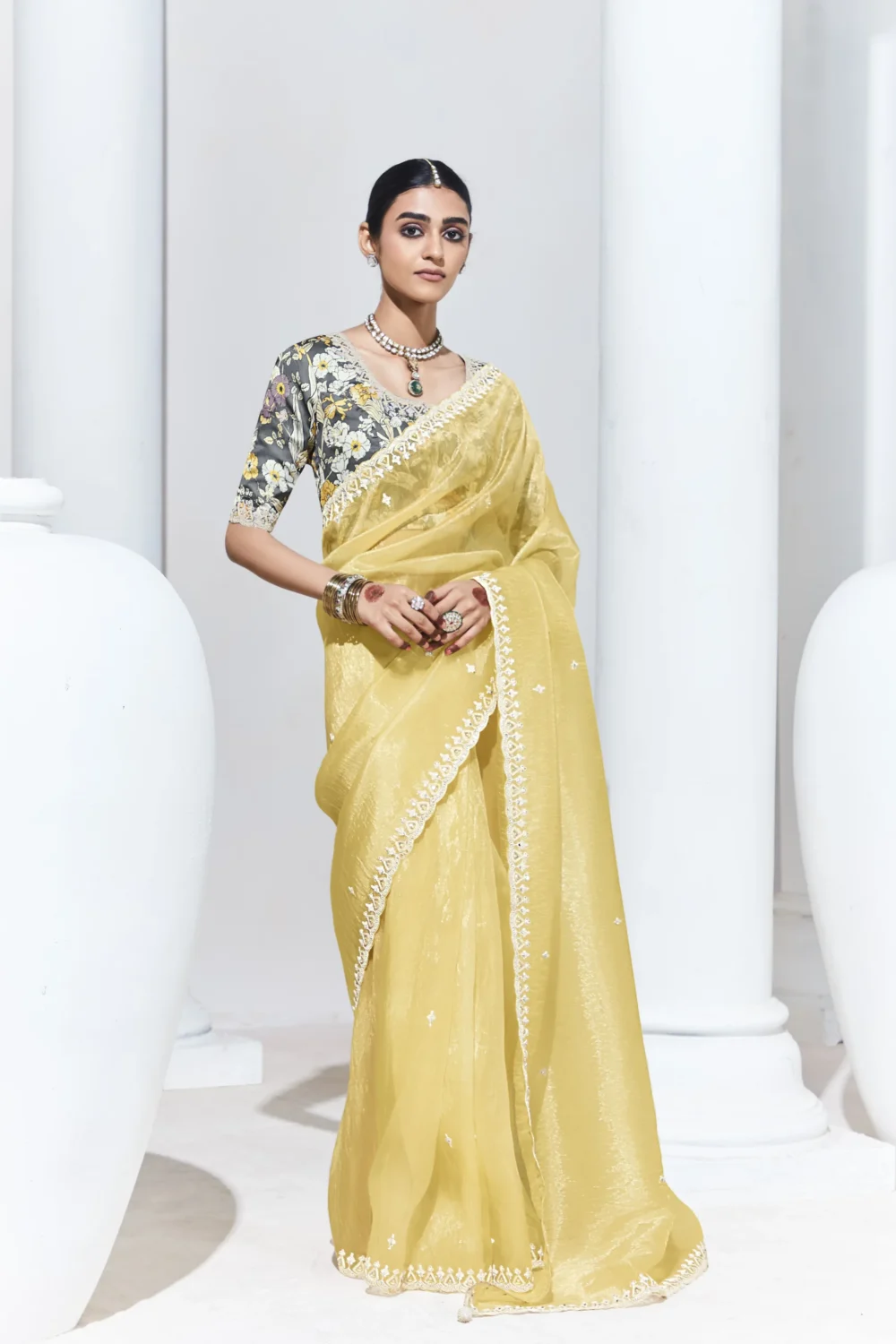 Glass Tissue Embroidered Saree – Sunshine Elegance