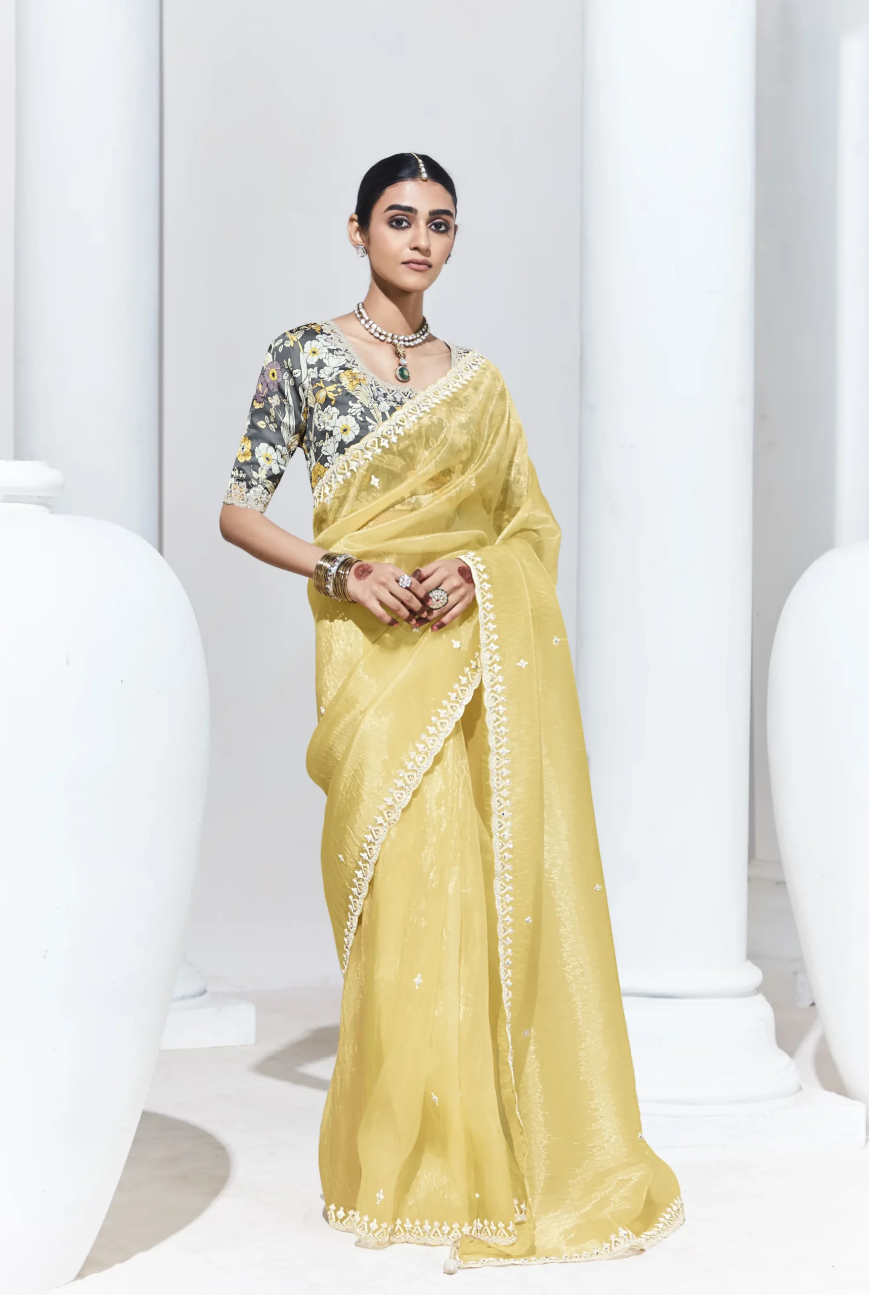 Glass Tissue Embroidered Saree – Sunshine Elegance