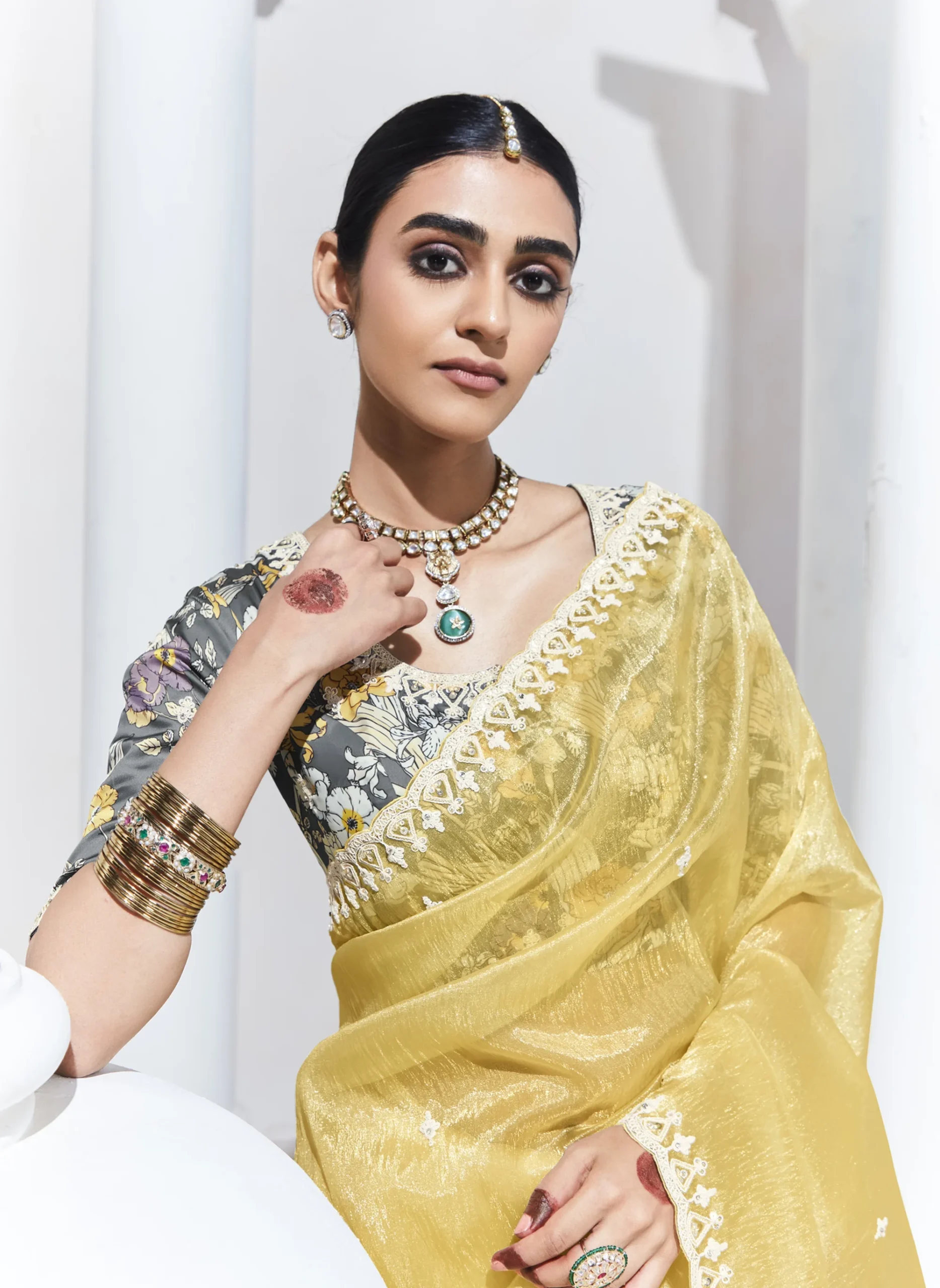 Glass Tissue Embroidered Saree – Sunshine Elegance - Image 2