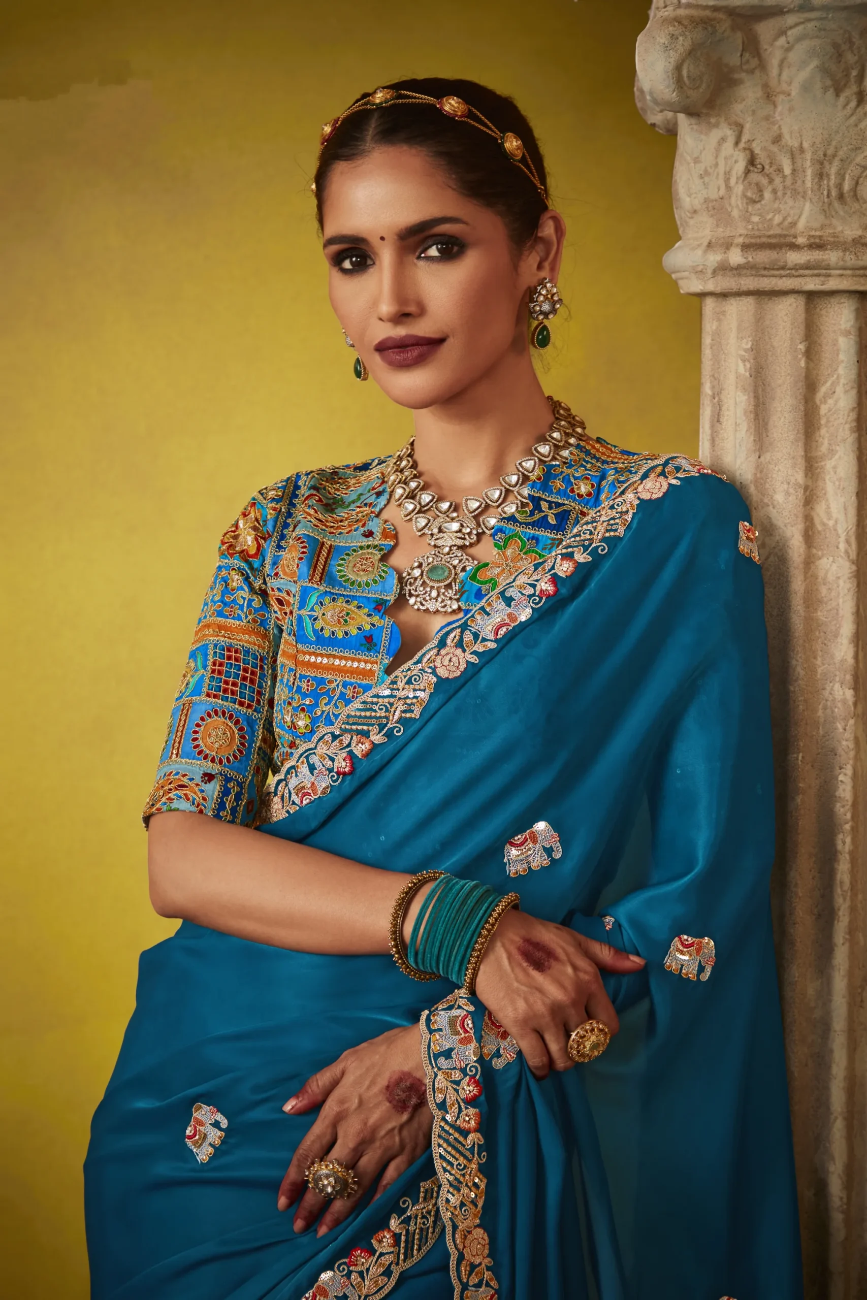 Glass Tissue Saree with Work Border - Image 4