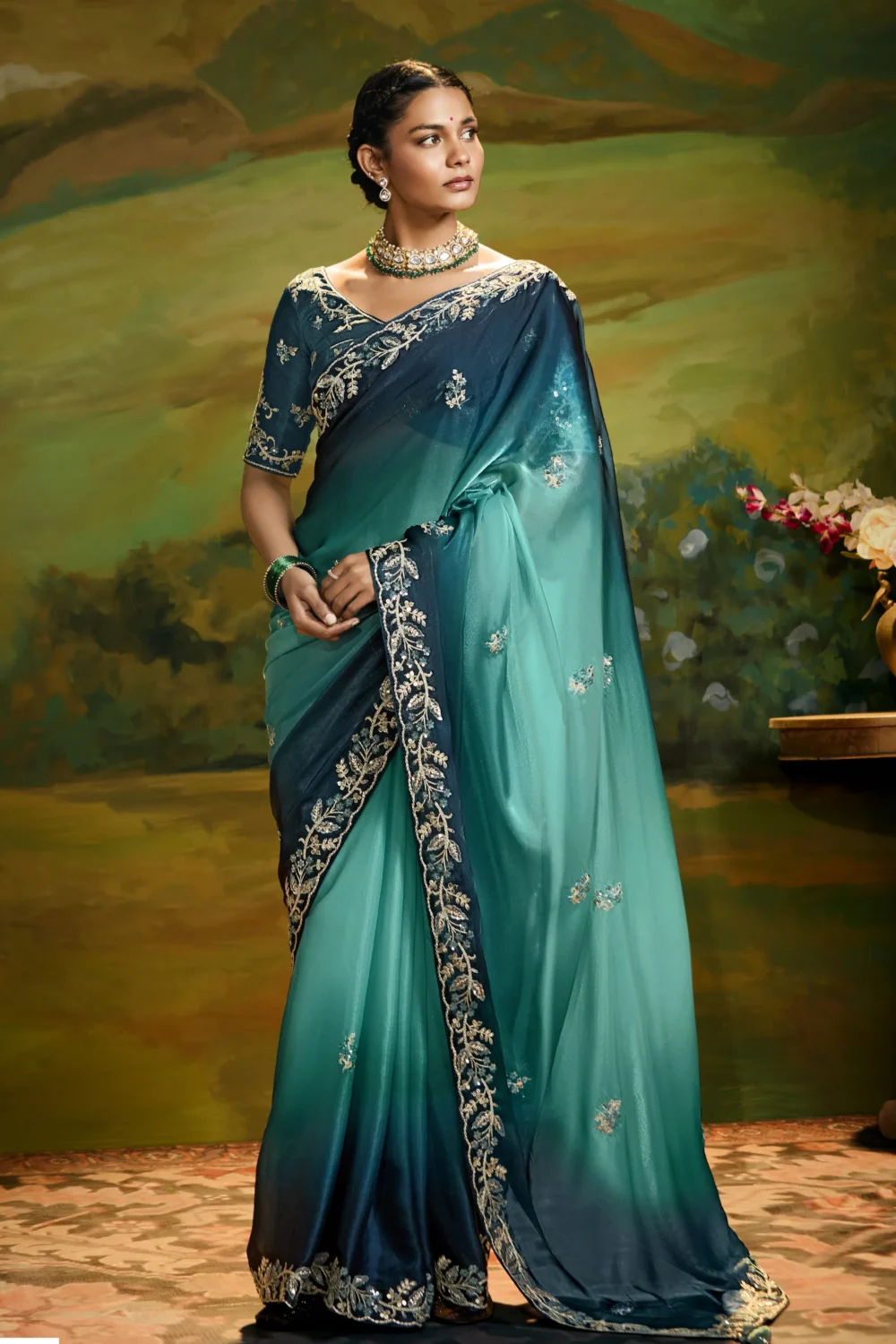 Royal Purple Embroidered Party Wear Saree with Designer Border