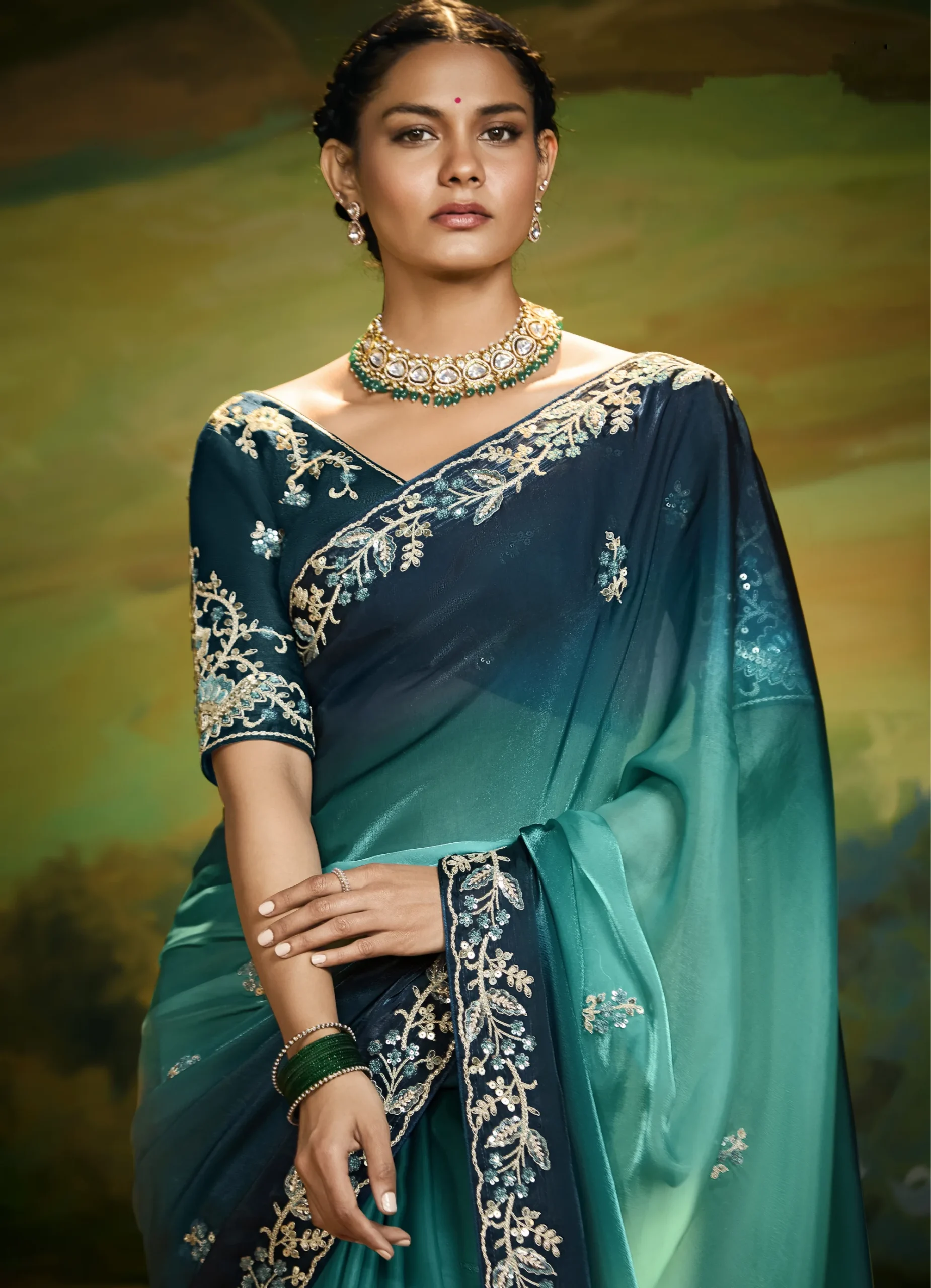 Royal Purple Embroidered Party Wear Saree with Designer Border - Image 5