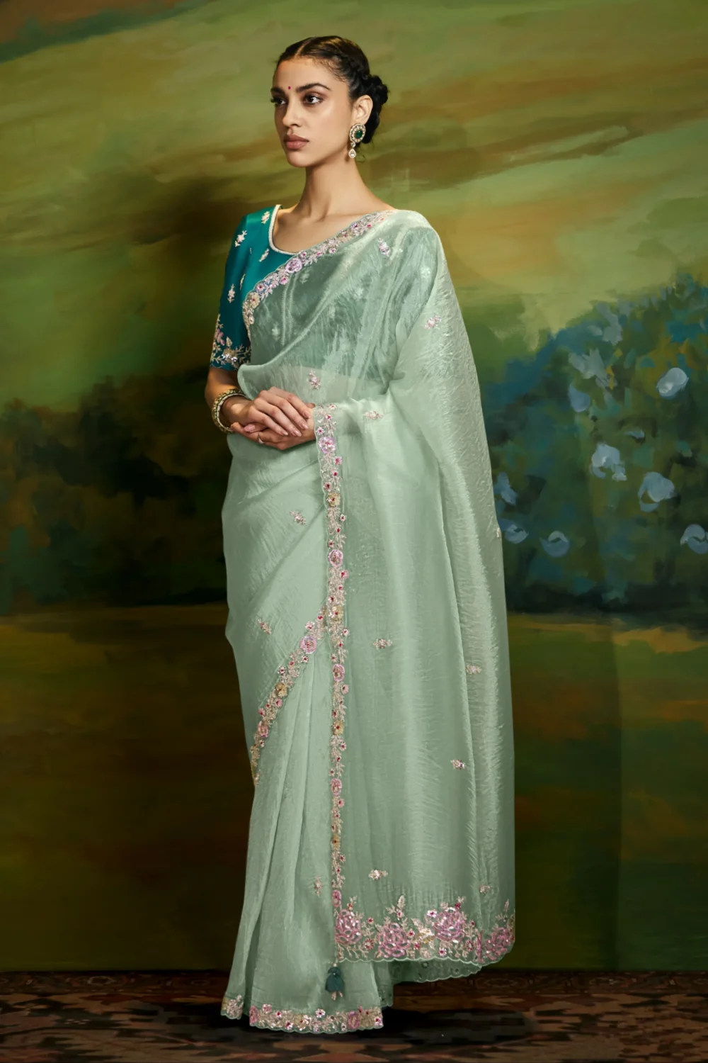 Mint Green Embroidered Fancy Saree for Festive Wear