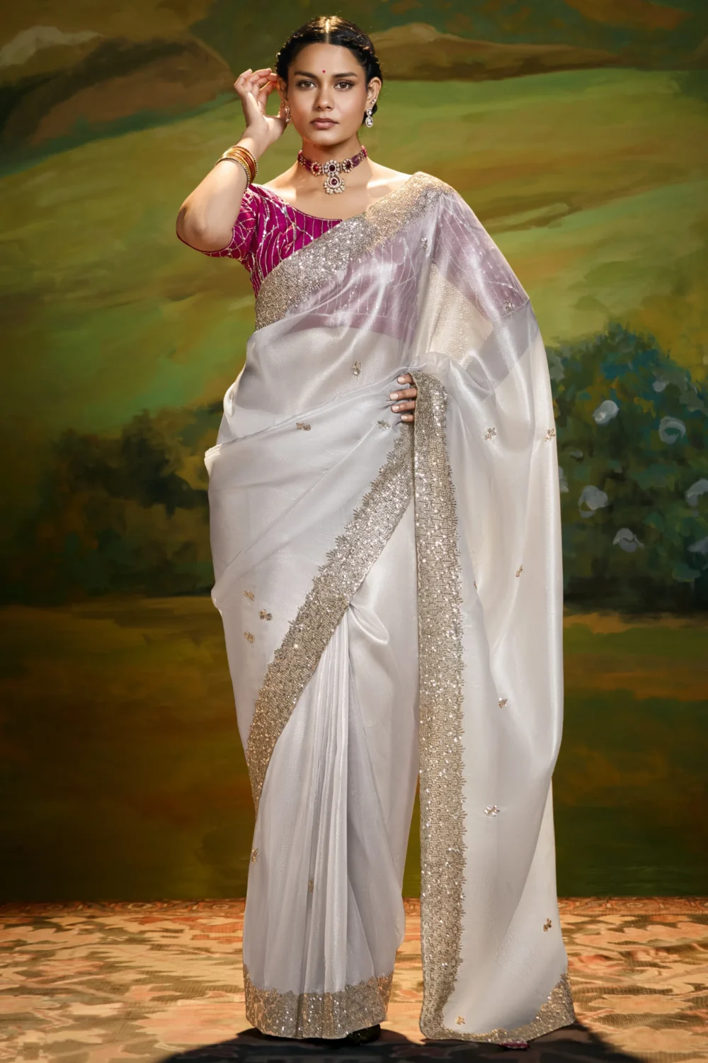 Classic Ivory Party Wear Saree with Designer Embroidery