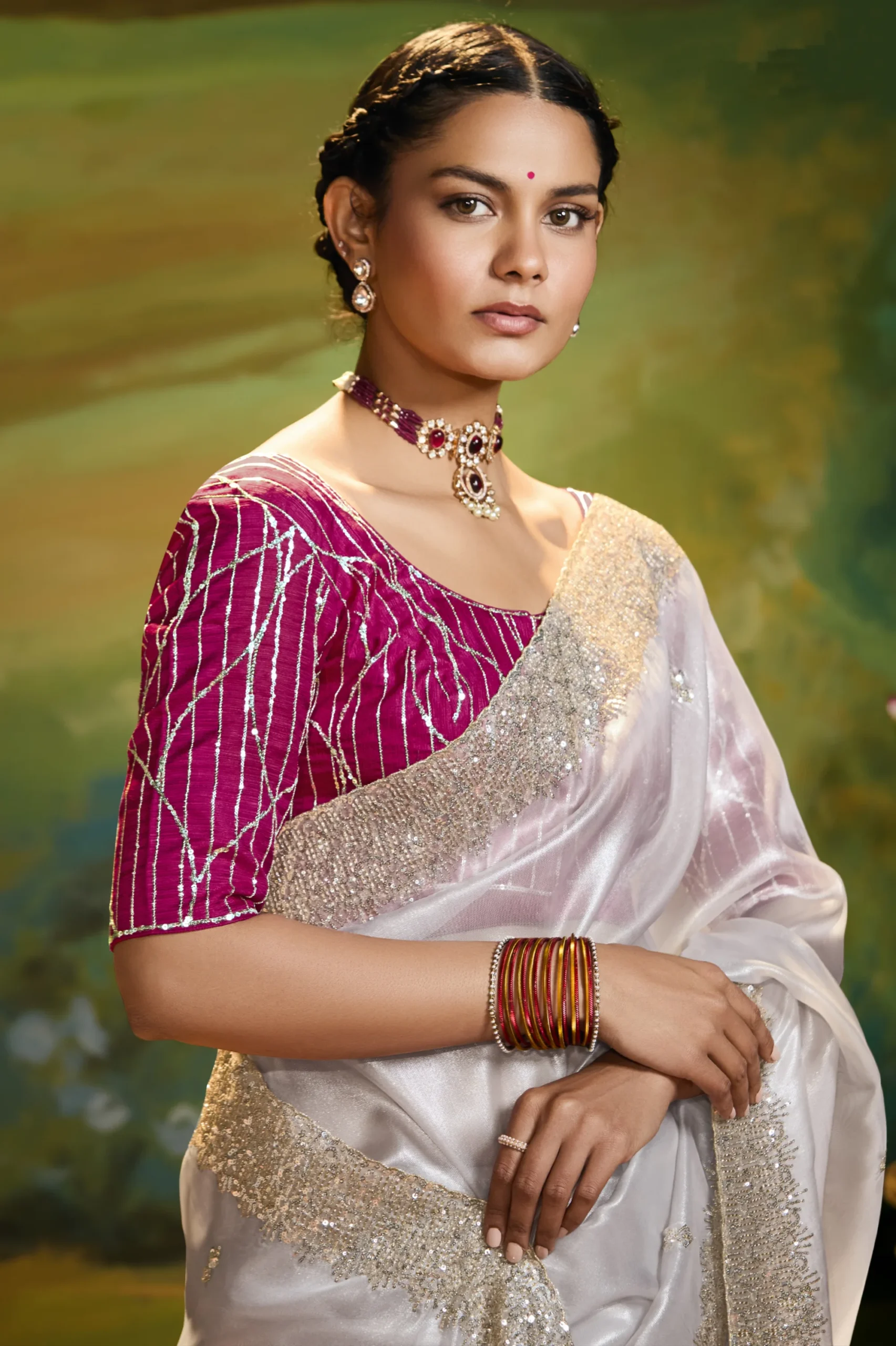 Classic Ivory Party Wear Saree with Designer Embroidery - Image 2