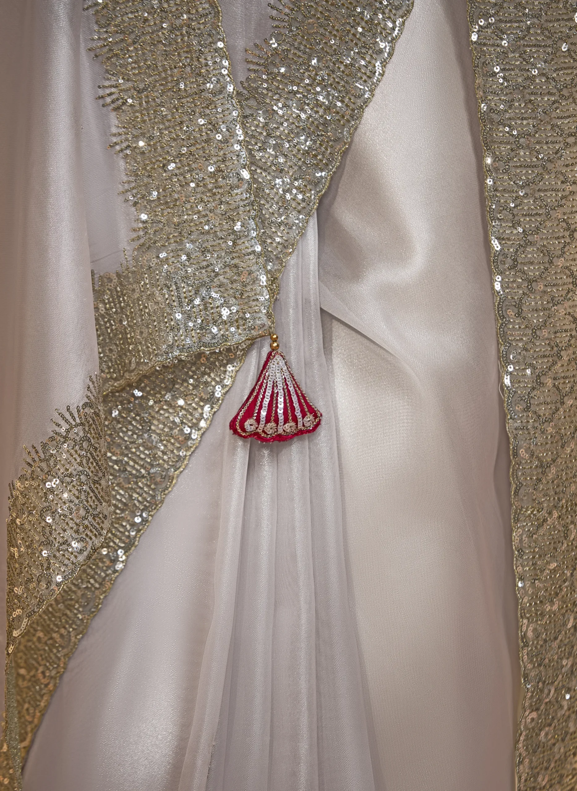 Classic Ivory Party Wear Saree with Designer Embroidery - Image 3