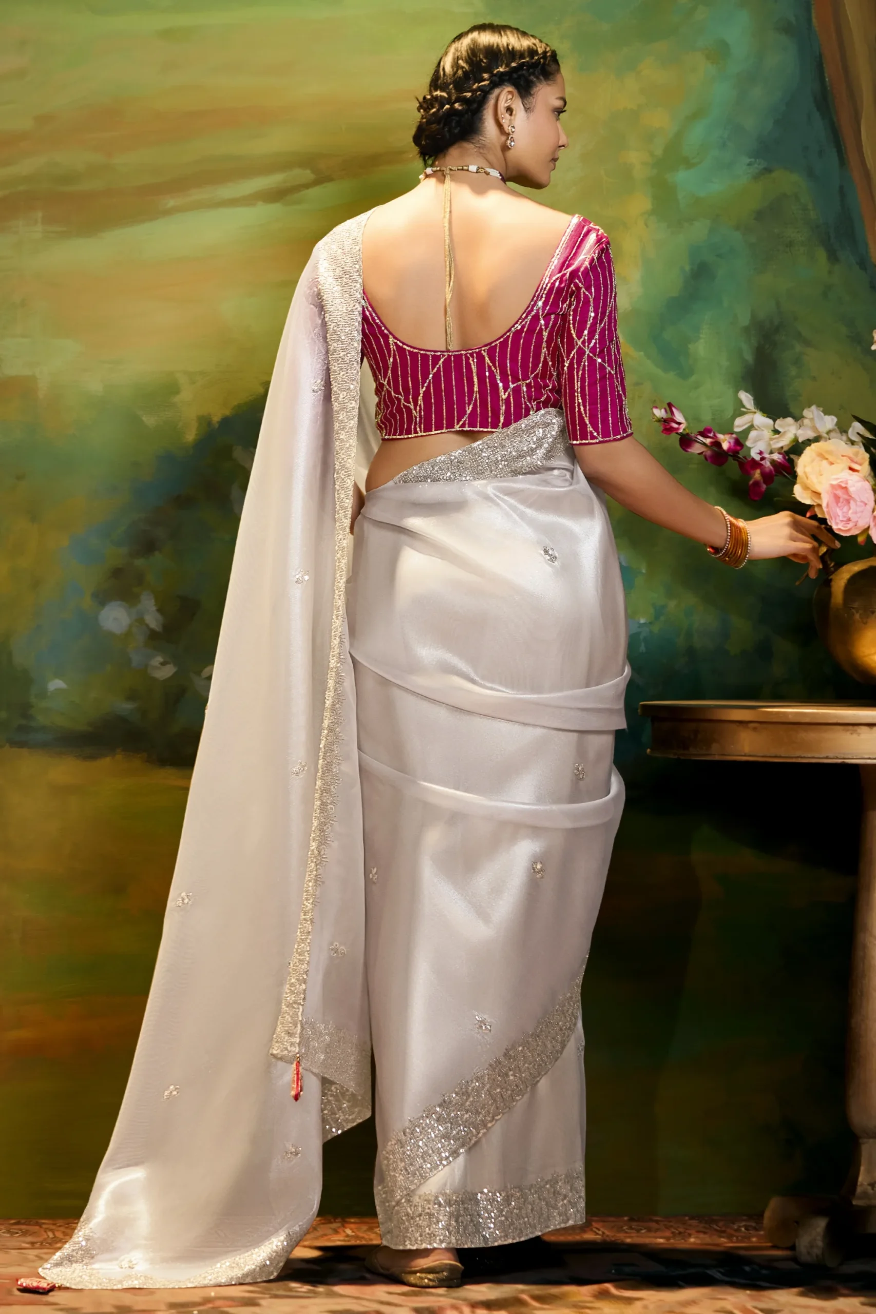 Classic Ivory Party Wear Saree with Designer Embroidery - Image 4