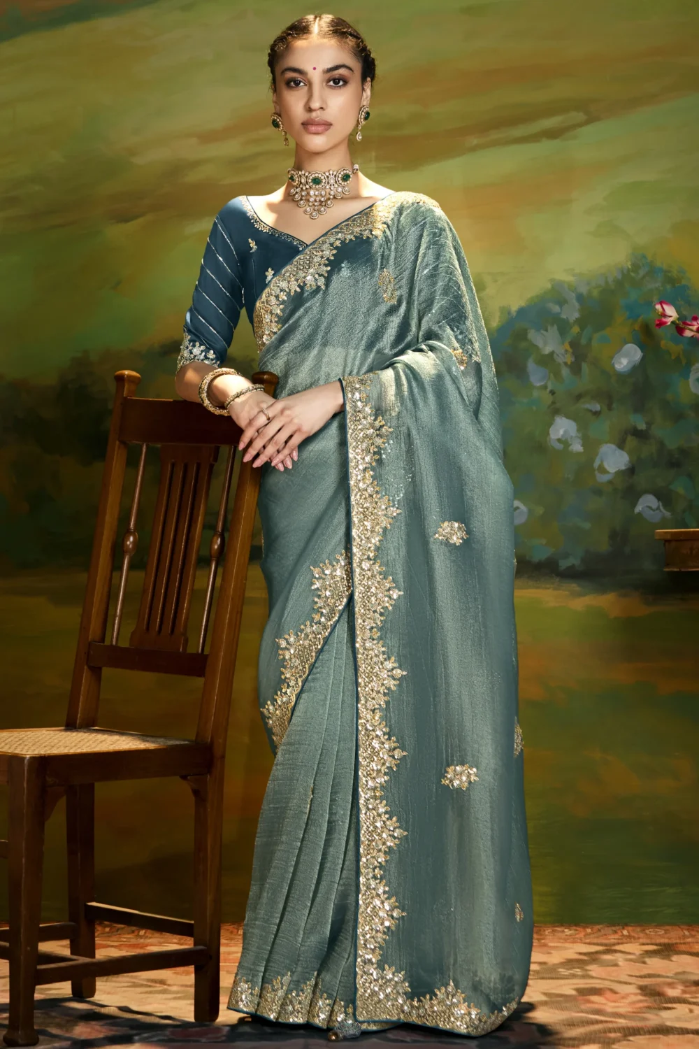 Teal Green Embroidered Designer Saree with Cut-Work Border