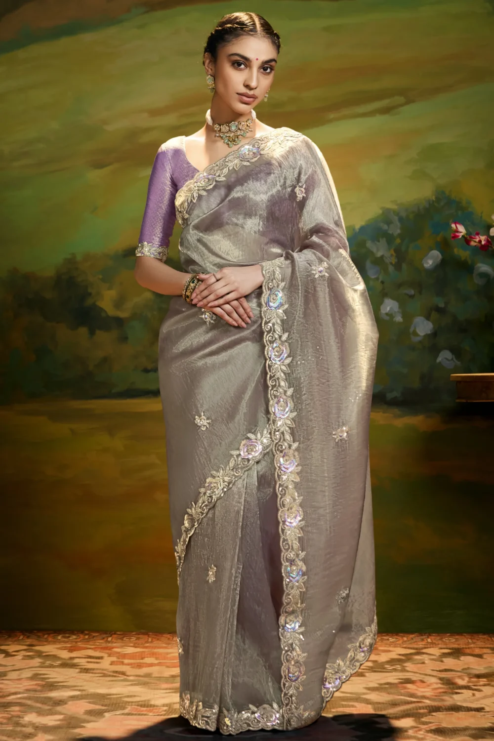 Pearl Grey Elegance Embroidered Saree