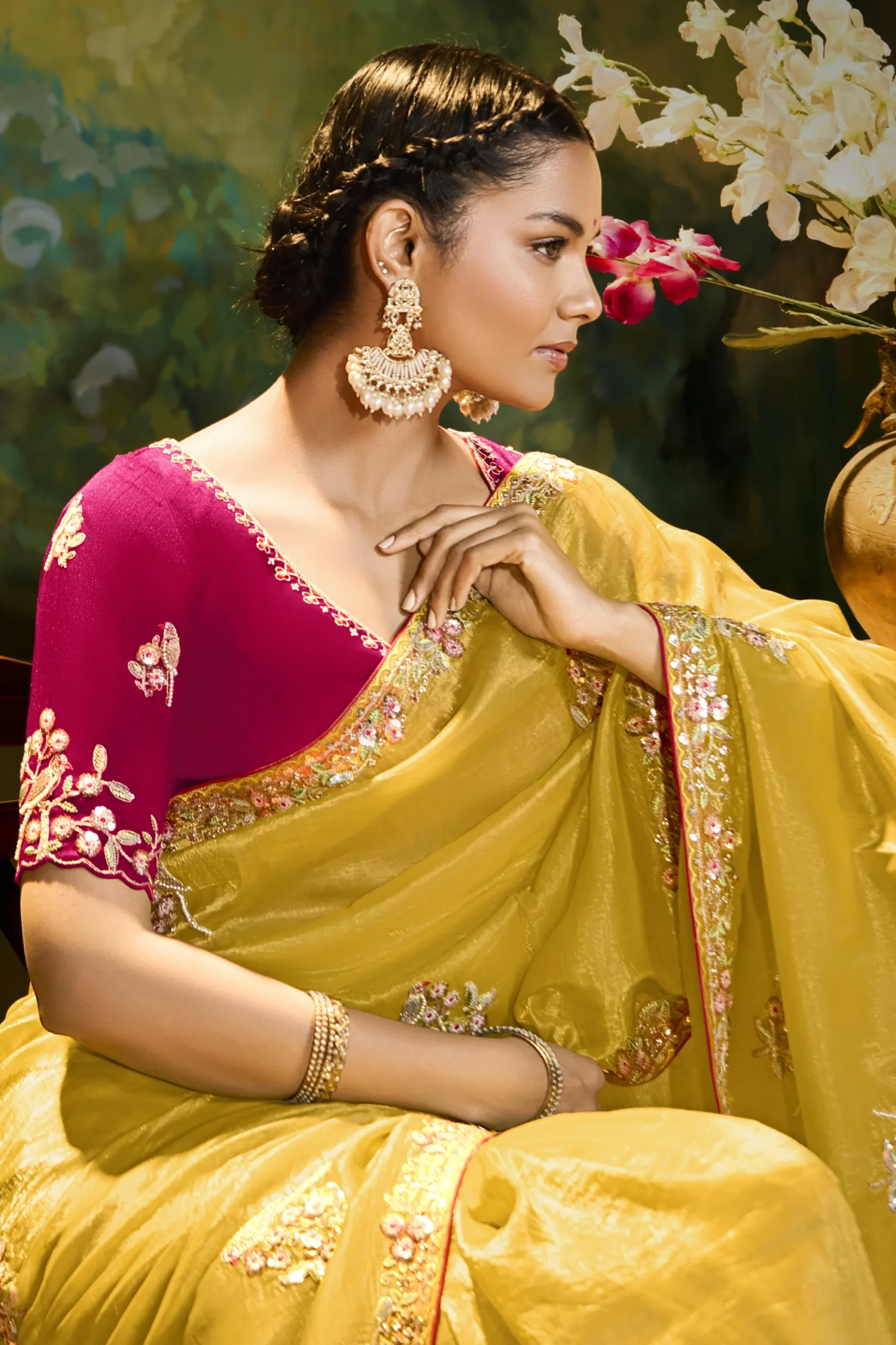 Mustard Embroidered Festive Saree with Designer Border - Image 2