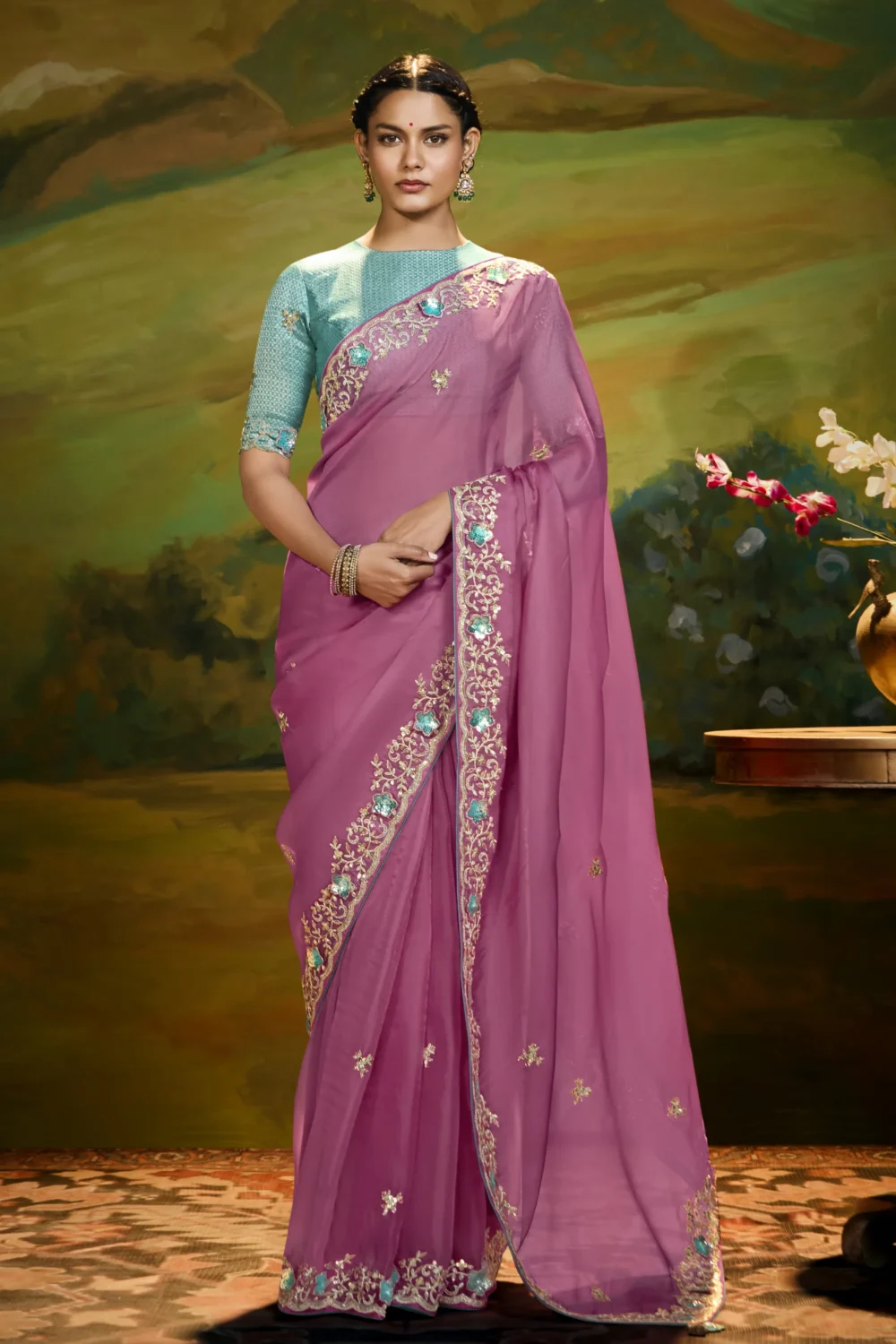 Rose Plum Embroidered Fancy Saree for Festive Occasions