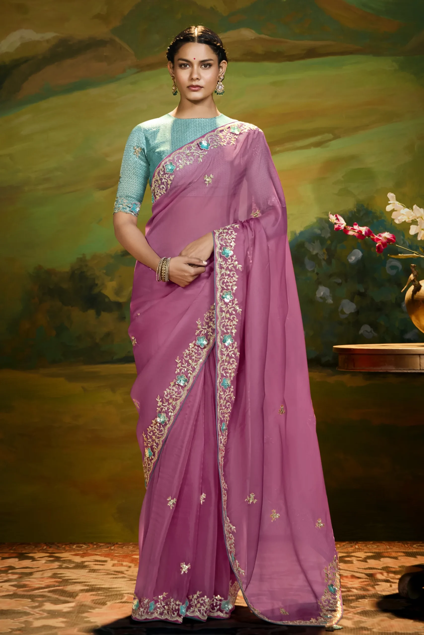 Rose Plum Embroidered Fancy Saree for Festive Occasions
