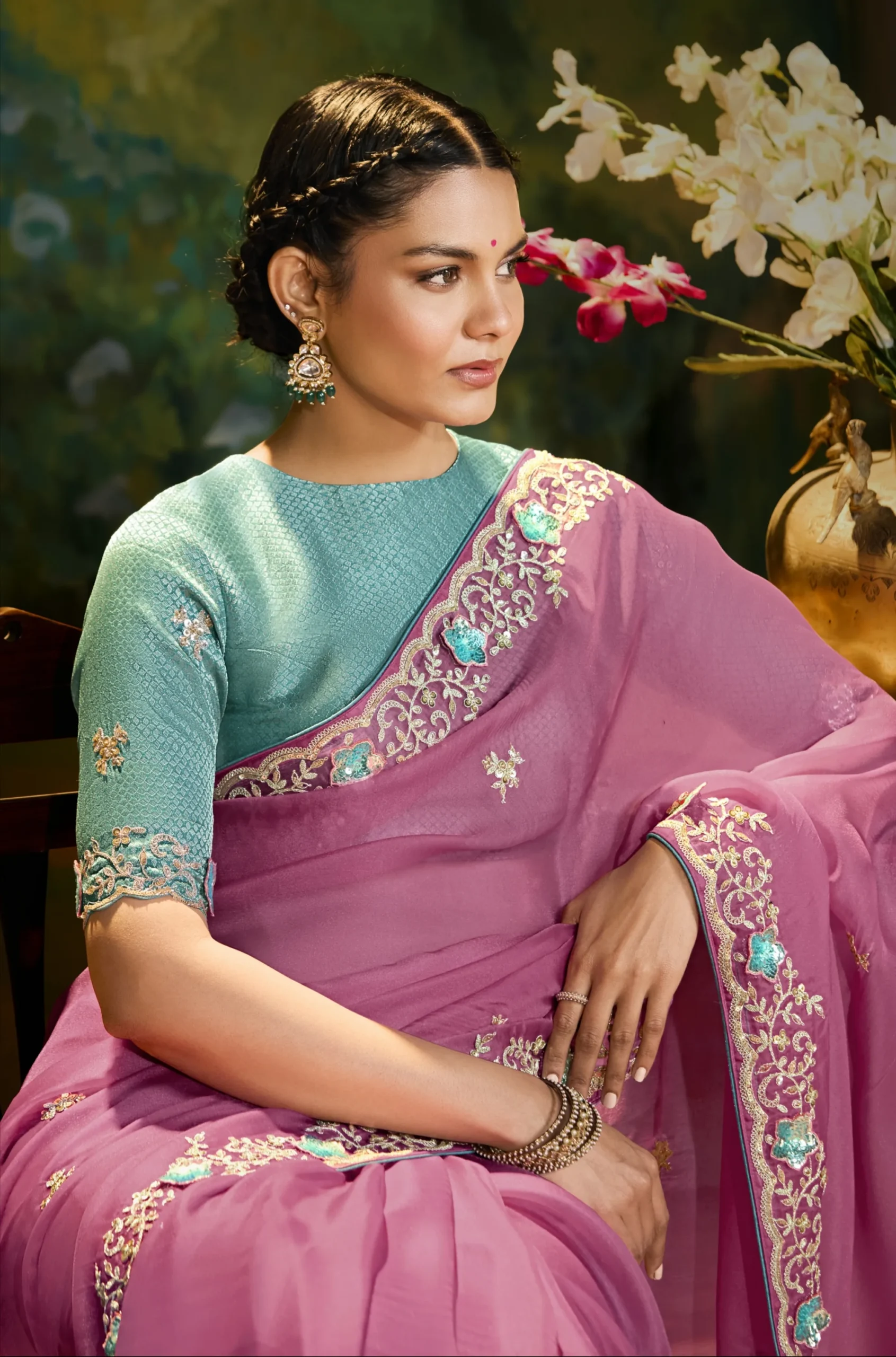 Rose Plum Embroidered Fancy Saree for Festive Occasions - Image 2