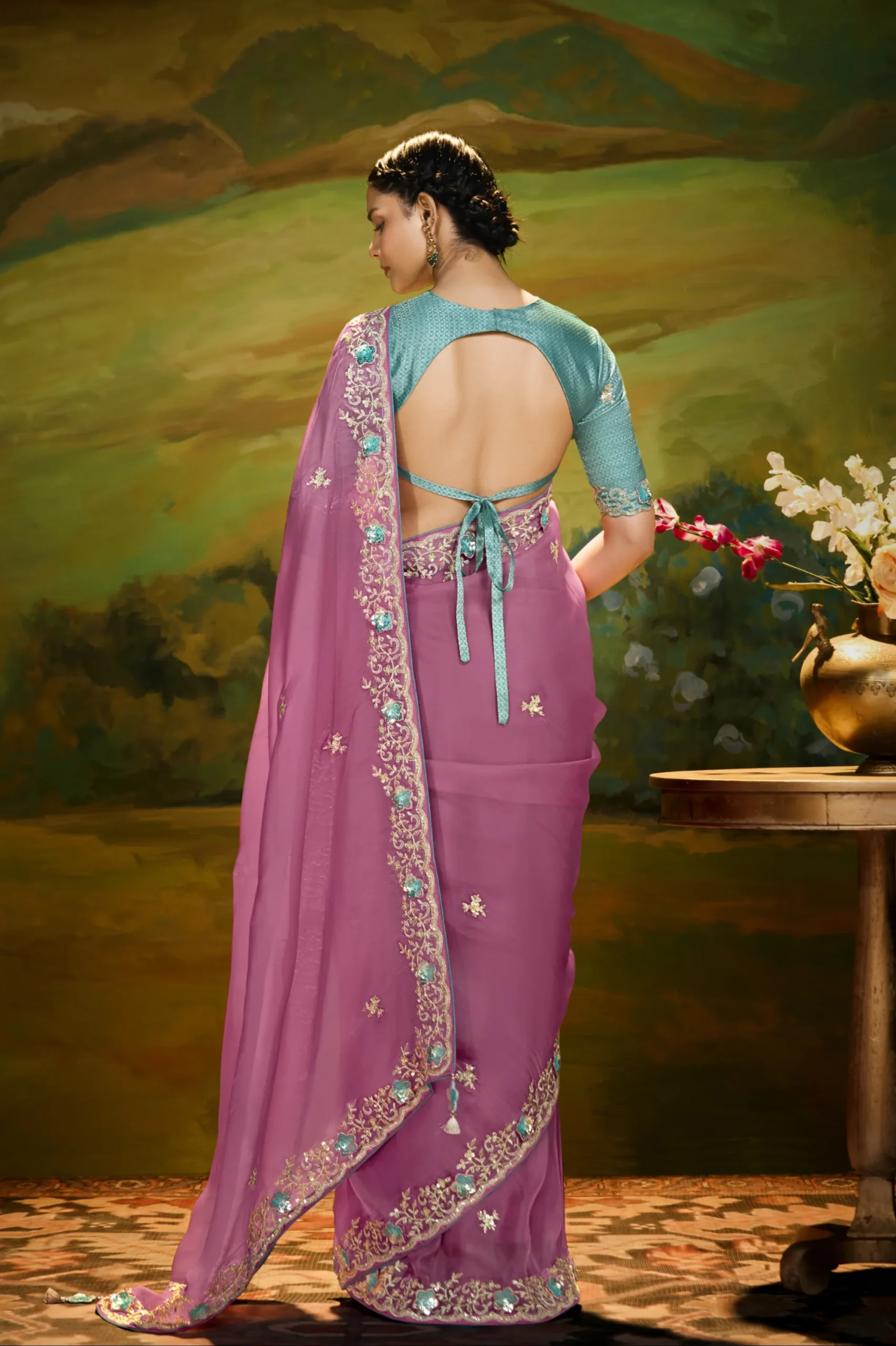 Rose Plum Embroidered Fancy Saree for Festive Occasions - Image 4
