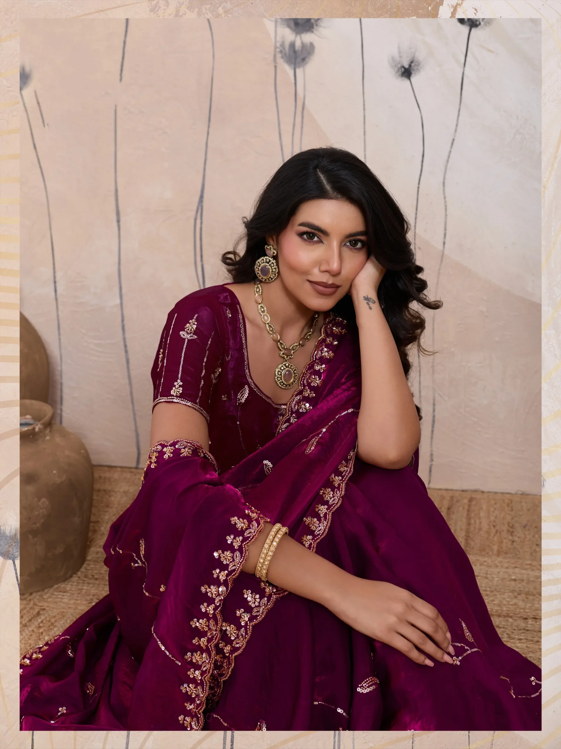 Wine Plum Metallic Fandy Satin Saree with Cutdana & Zari Work - Image 4