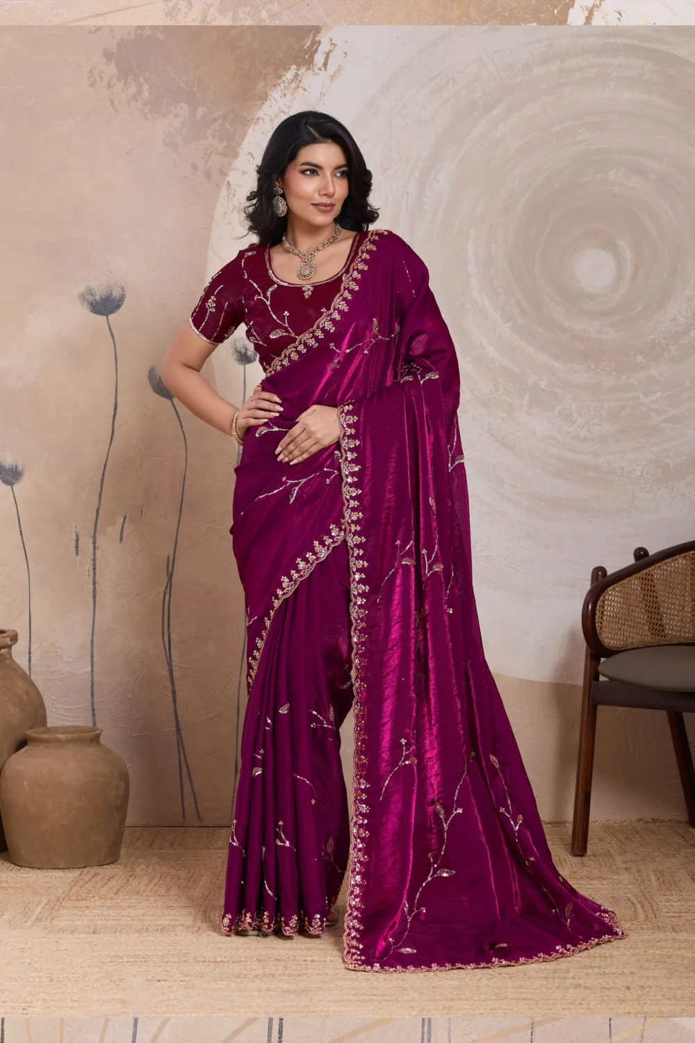 Wine Plum Metallic Fandy Satin Saree with Cutdana & Zari Work