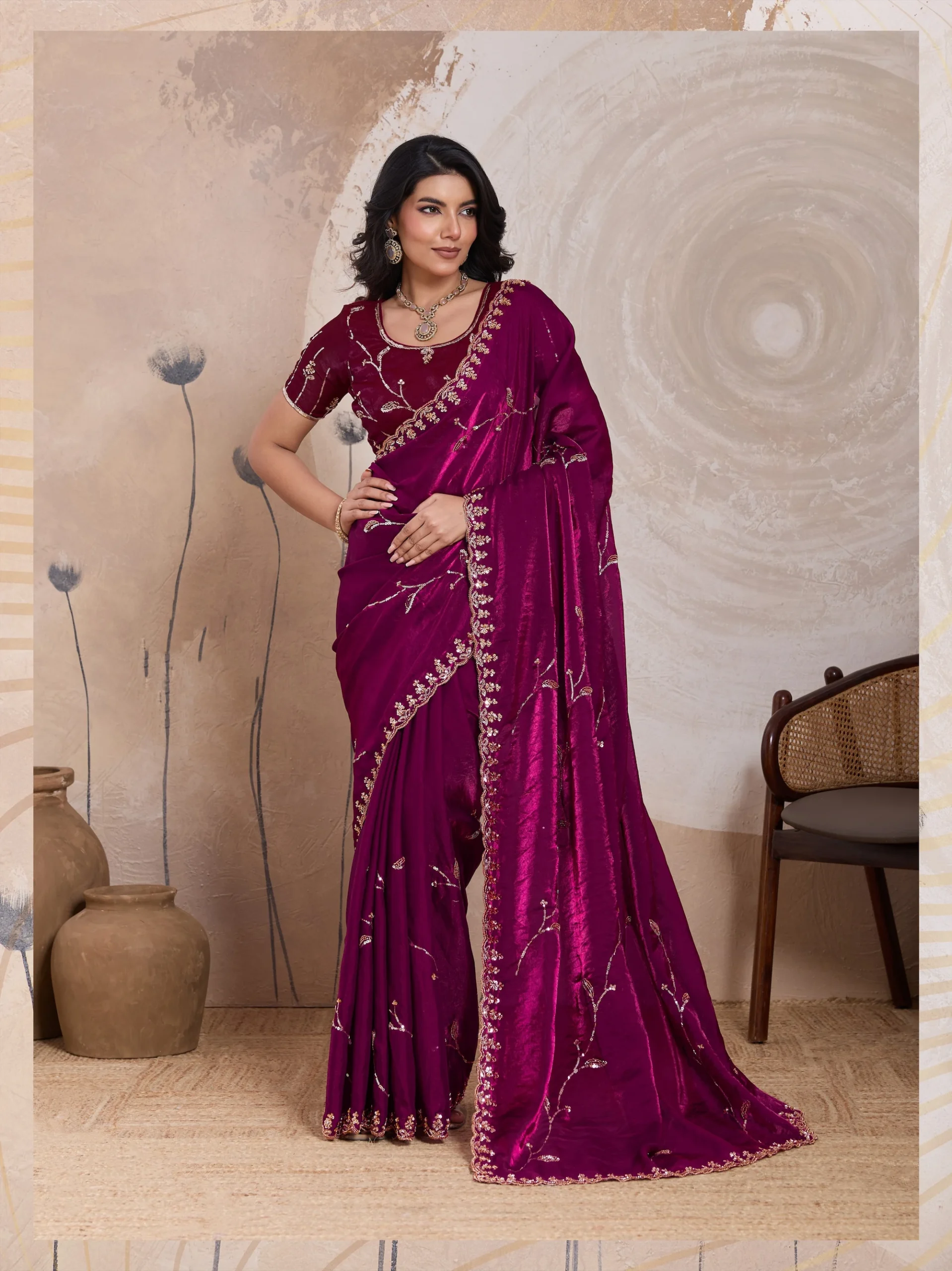 Wine Plum Metallic Fandy Satin Saree with Cutdana & Zari Work